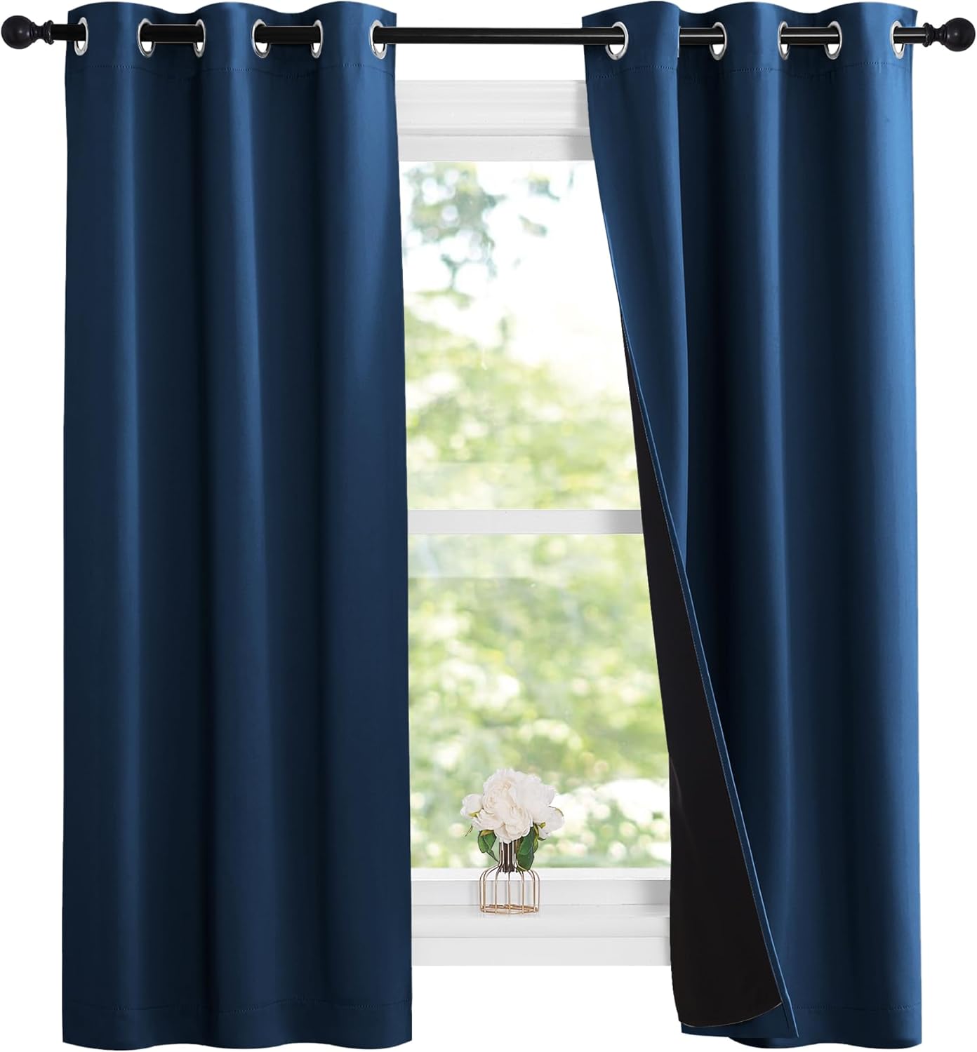NICETOWN 100% Blackout Short Curtains with Black Liners, 2 Panels, 37" W by 50" L, Moroccan Blue, Thermal Insulated Full Blackout 2-Layer Lined Drapes, Energy Efficiency Window Draperies for Bedroom