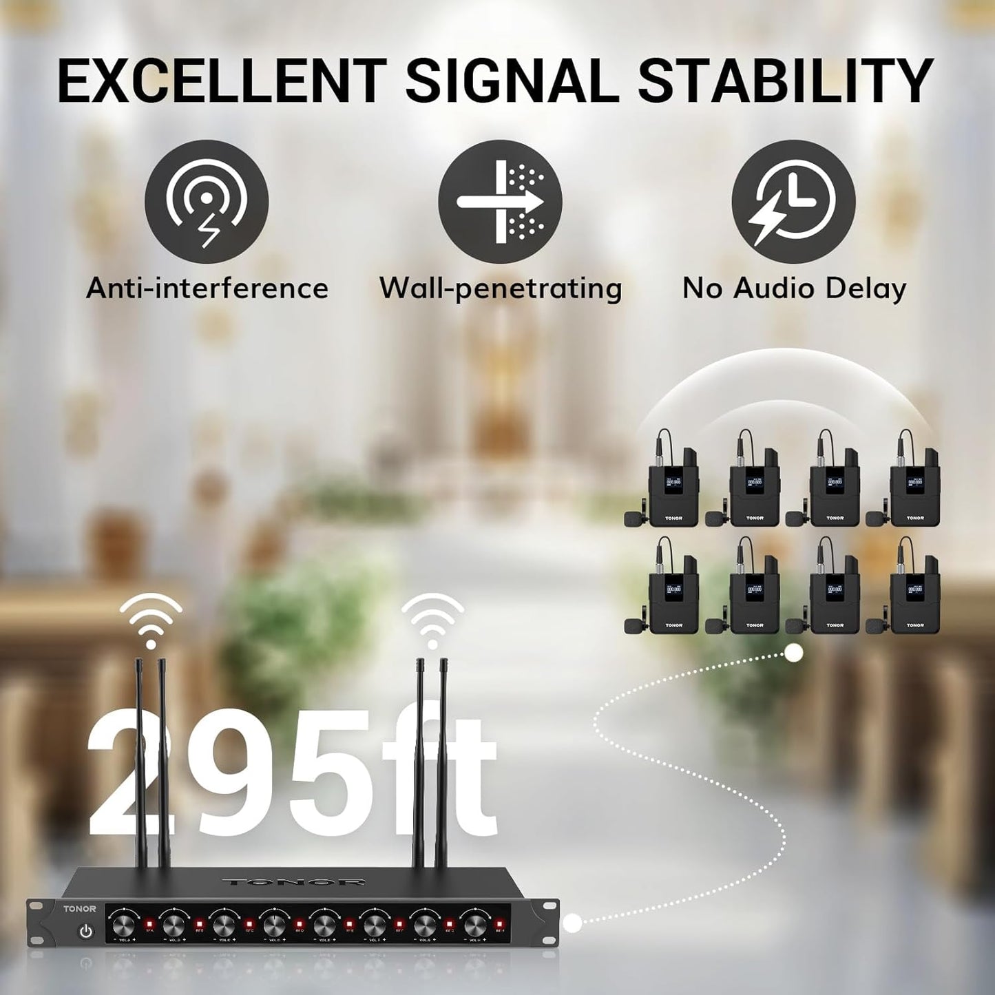 TONOR Wireless Microphones System with 8x12 Channels Headset/Lavalier Lapel Mics, Bodypack Transmitter, Receiver, 295ft UHF Range for Church Conference Performance Singing Karaoke PA Speaker Mixer