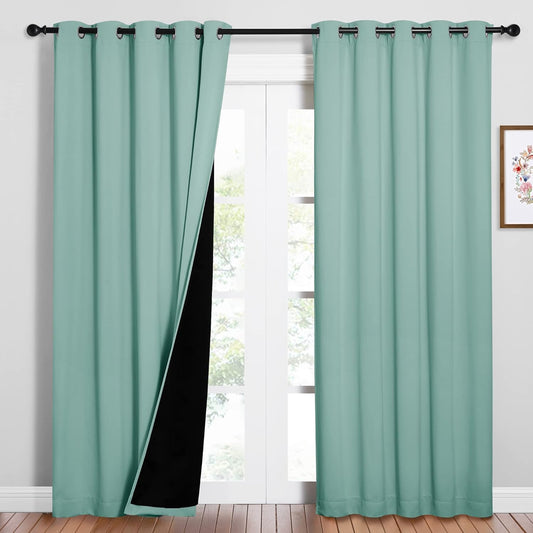 NICETOWN 100% Blackout Window Curtain Panels, Cold and Full Light Blocking Drapes with Black Liner for Nursery, 84 inches Drop Thermal Insulated Draperies (Aqua Blue, 2 PCs, 62" Wide Each Panel)