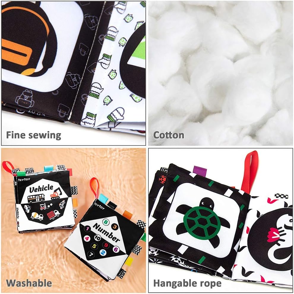 teytoy Baby Soft Cloth Book Set 6 PCS, Black and White High Contrast Baby Activity Crinkle Books for 0 3 6 9 12 Months Newborn Infants Babies Boys and Girls Early Educational Learning Toys
