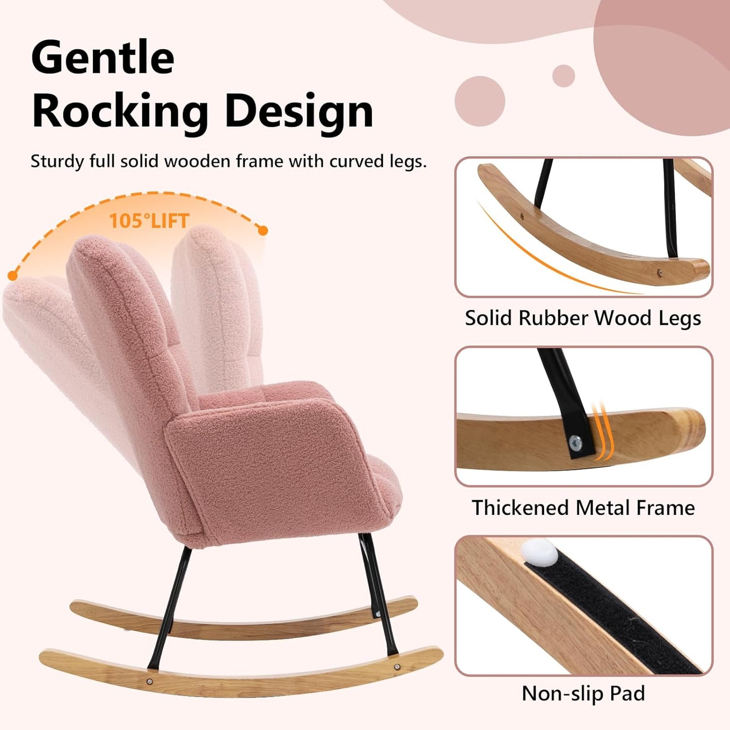 NIOIIKIT Nursery Rocking Chair Teddy Upholstered Glider Rocker Rocking Accent Chair Padded Seat with High Backrest Armchair Comfy Side Chair for Living Room Bedroom Offices (Pink Teddy)