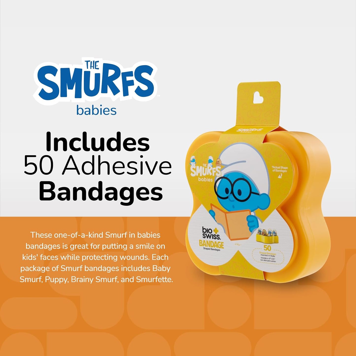 BioSwiss Bandages, The Smurfs Baby Smurf Shaped Self Adhesive Bandage, Latex Free Sterile Wound Care, Fun First Aid Kit Supplies for Kids and Adults, 50 Count Case