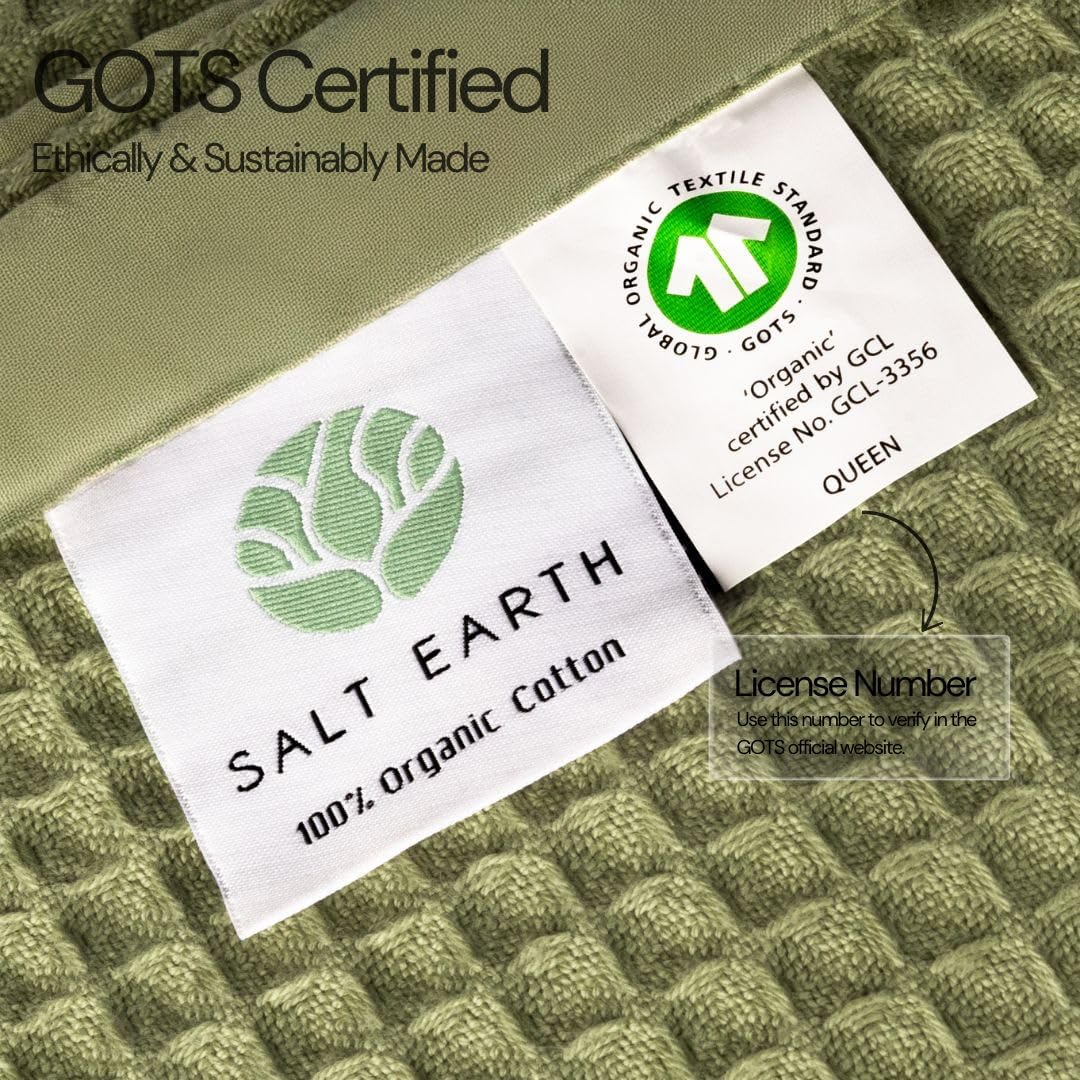 Salt Earth GOTS Certified 100% Organic Cotton Throw Blanket, 55" X 60" Blankets & Throws for Bed, Throw Blanket for Couch,Modern & Cozy Blanket, All Seasons, Waffle Blanket, Soft Blanket (Mosstone)