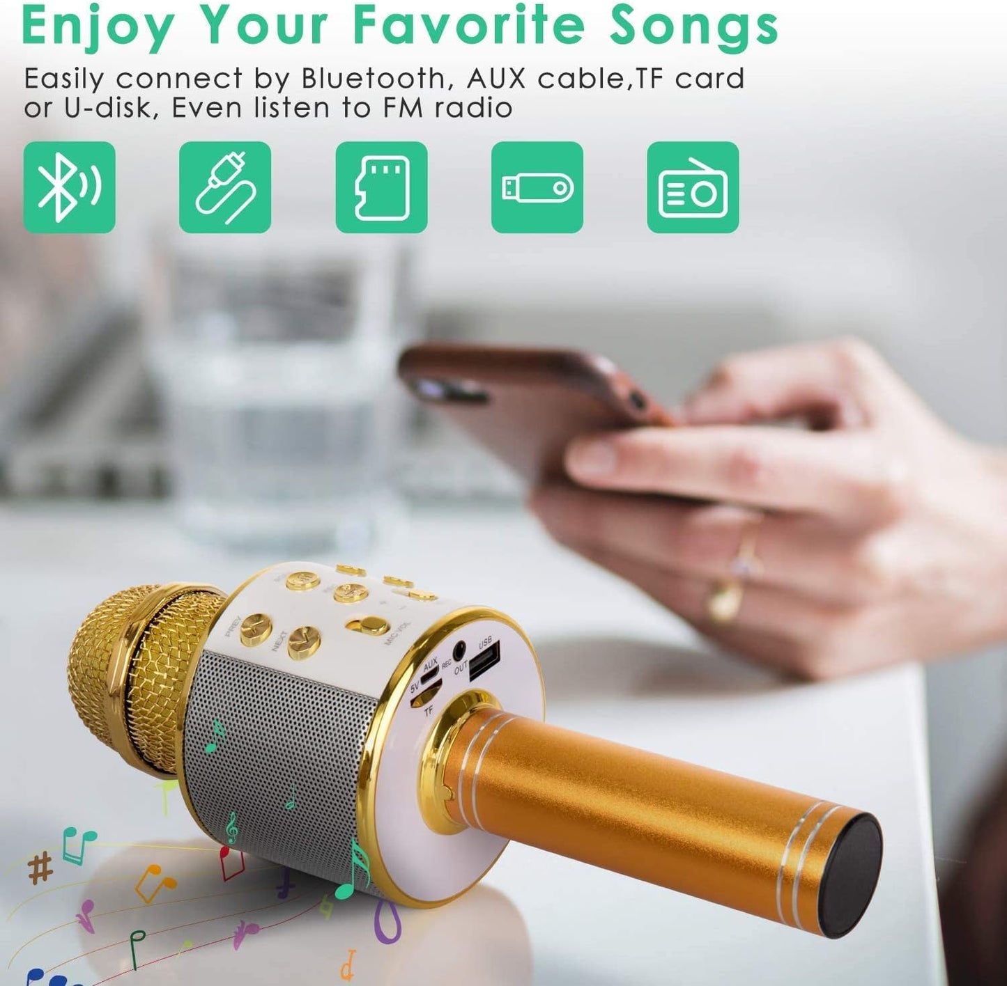 KIDWILL Wireless Bluetooth Karaoke Microphone for Kids, 5-in-1 Portable Handheld Karaoke Mic Speaker Player Recorder with Adjustable Remix FM Radio for Kids Girls Boys Teens Birthday (Gold)