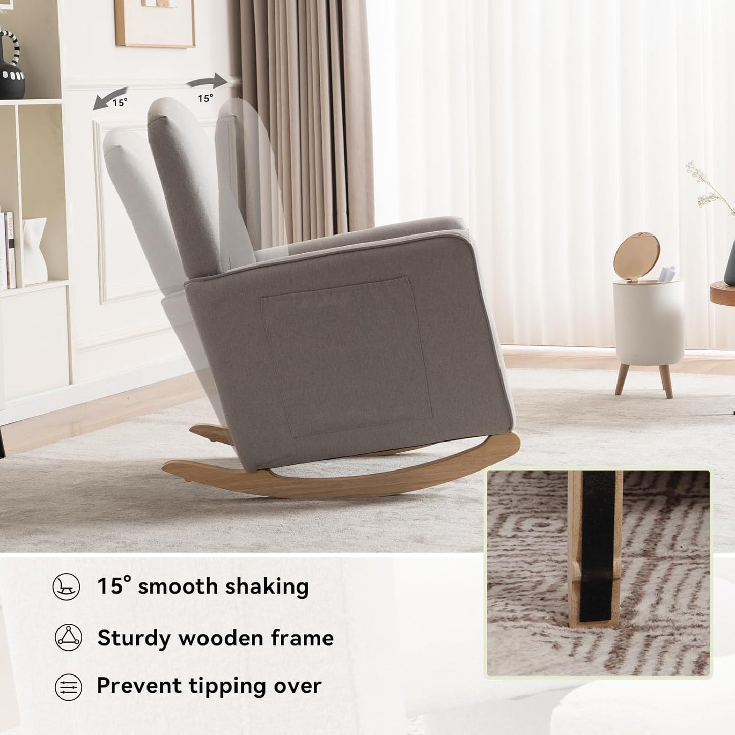 FOXHUNTER Rocking Chair Nursery with Adjustable Footrest and High Backrest, Upholstered Glider Chairs with Side Pockets for Nursery, Rocker Armchair Indoor for Living Room,Light Gray