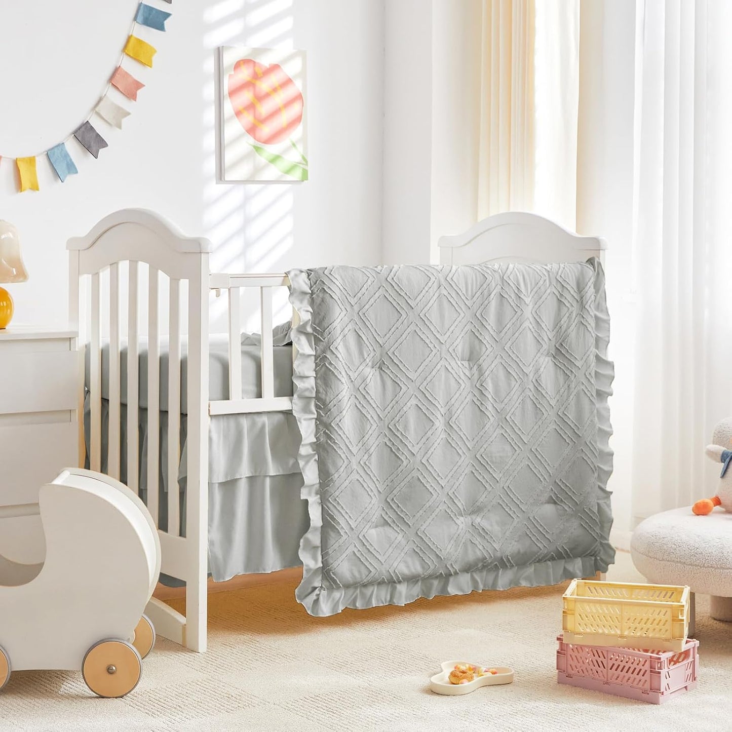 Mini Crib Bedding Set 3 Pieces Baby Boho Quilted Tufted Ruffles Comforter with Fitted Sheet and Ruffled Bed Skirt - Cute Shabby Baby Bedding Fits Mini Crib Only Light Gray