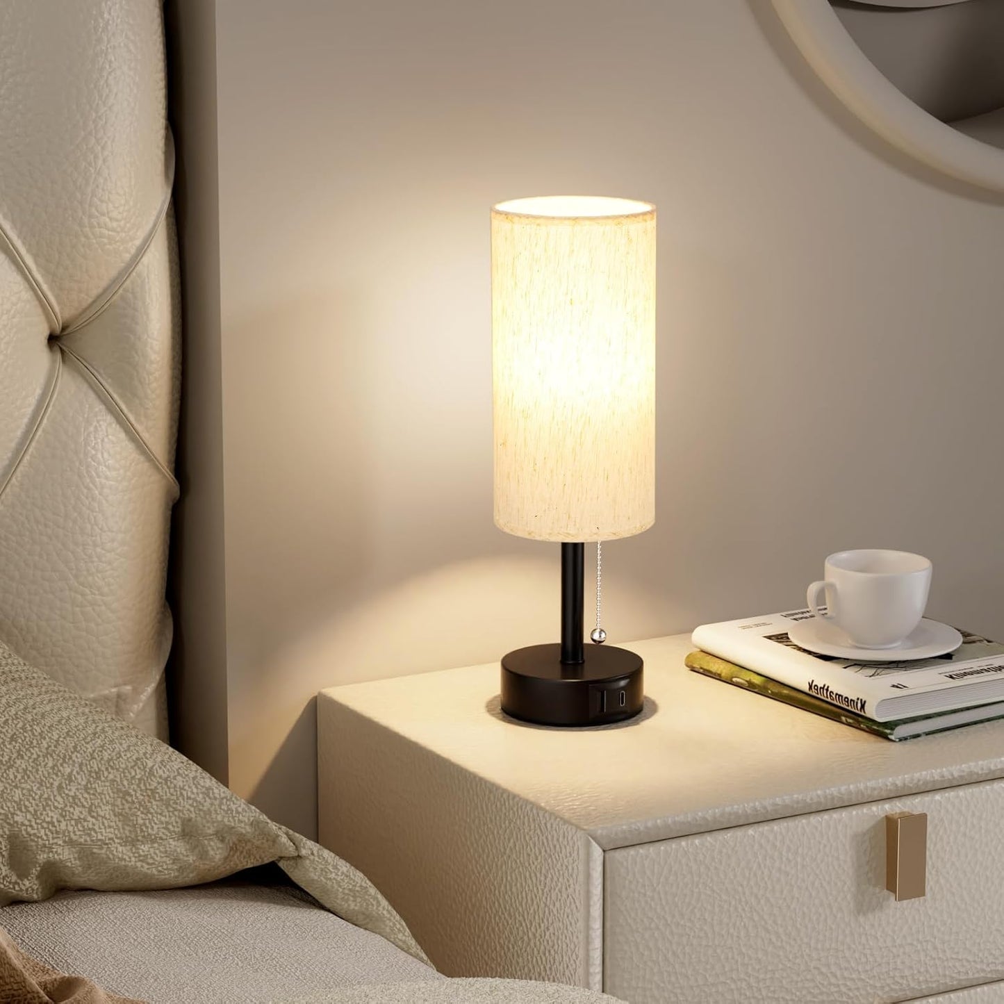 USB Bedside Table Lamps Set of 2-3 Color Temperatures Pull Chain Lamp with USB C and A Charging Ports, Round Night Stand Lamps for Bedroom