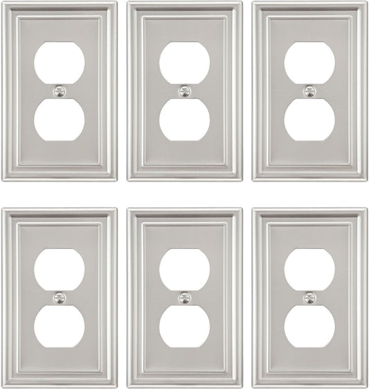 6-Pack Satin Nickel Outlet Cover, Single Duplex Wall Plate for Electrical Outlet, Light Switch, Durable Metal, 3.15''*4.88'', Midsize