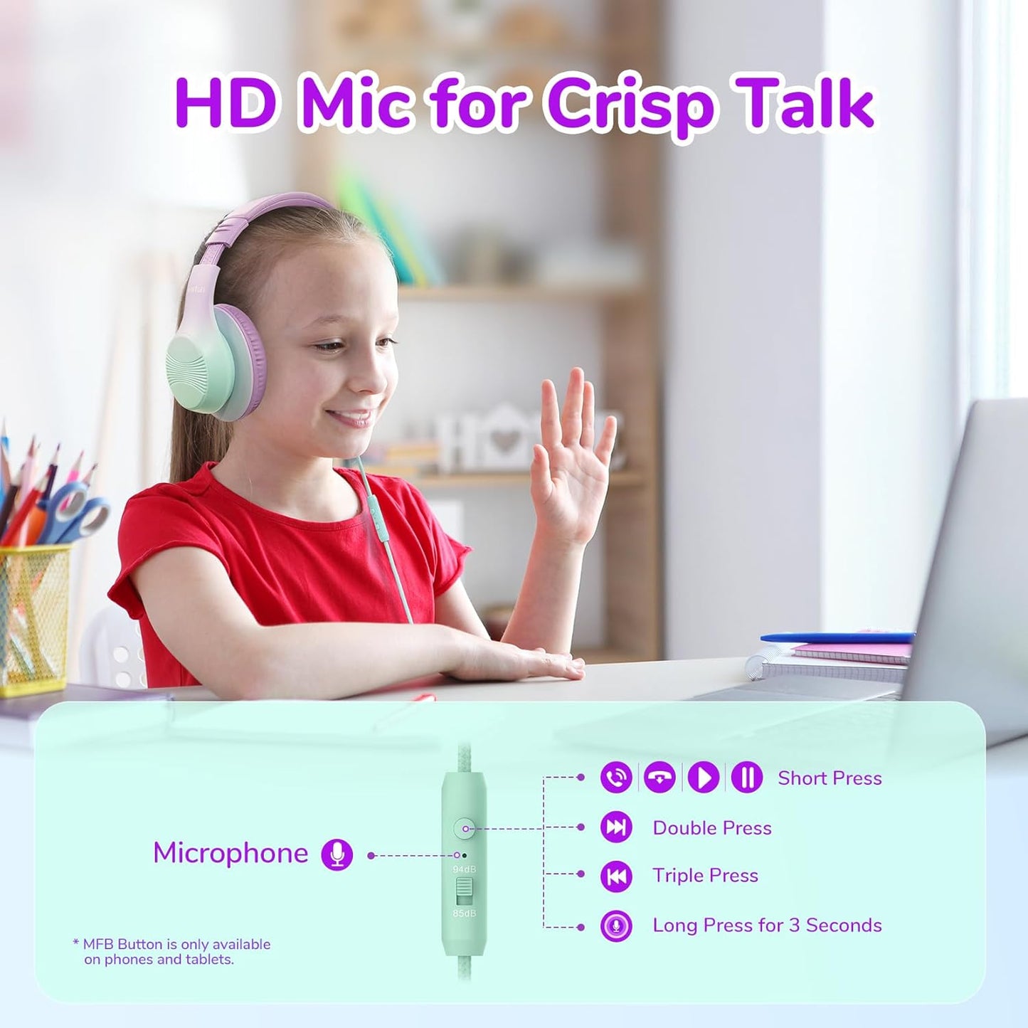 EarFun K3 Kids Headphones, Over Ear Headphones with Microphones, 85/94dB Volume Limit, HD Stereo Sound, Foldable Wired Headphone for School/Travel/Boys/Girls/Tablet/iPad (3.5mm Plug with Mic, Violet)