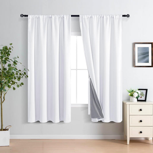 XWZO 100% Blackout Curtains 63 Inches Length with Tiebacks- Full Shade Window Drapes Thermal Insulated Double Layer with Black Liner for Bedroom/Living Room, Rod Pocket, White, W52 x L63, Set of 2