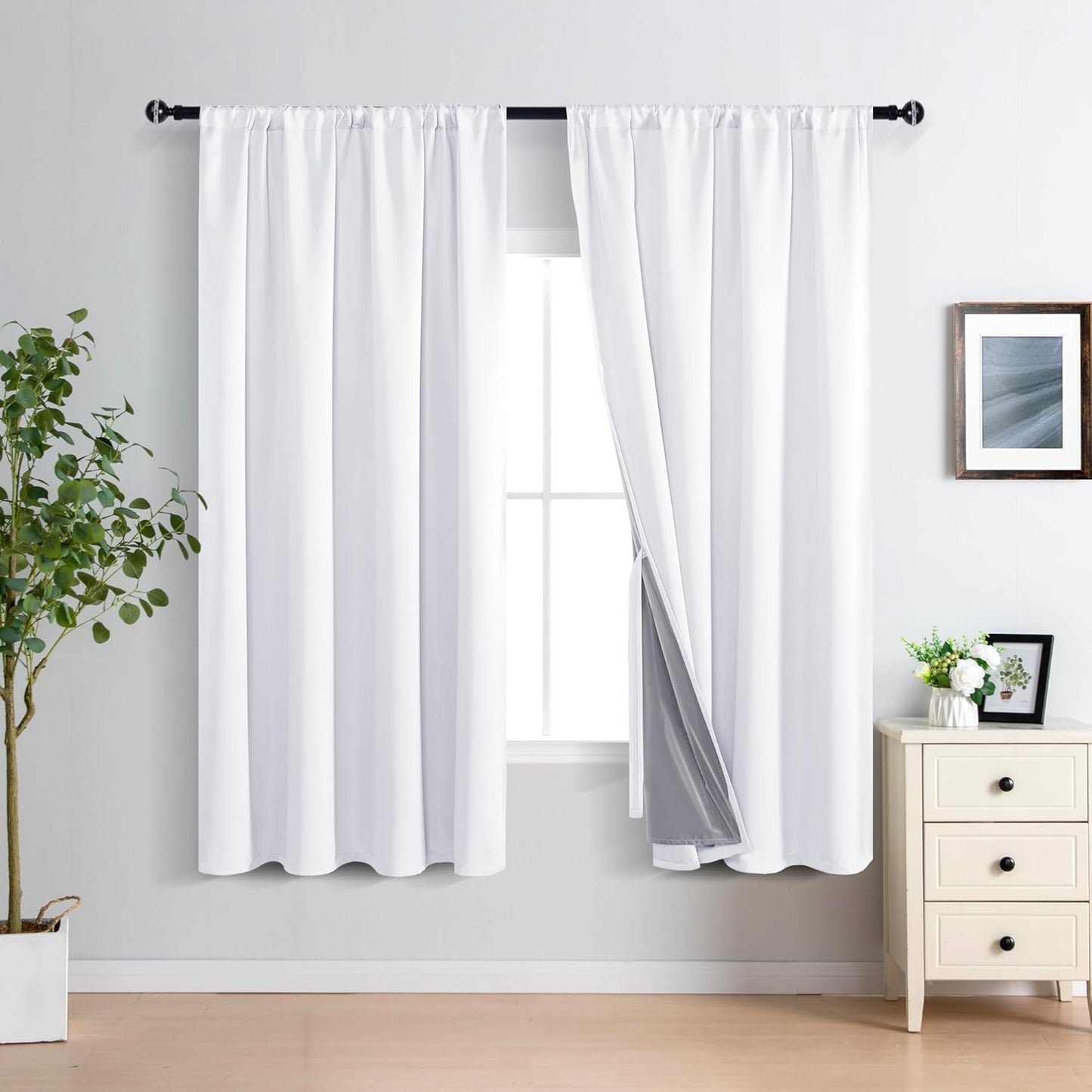XWZO White 100% Blackout Curtains - Heat and Full Light Blocking Drapes with Black Liner for Bedroom/Laundry Room, Rod Pocket Window Panels with Tiebacks, White, W52 x L72, Set of 2