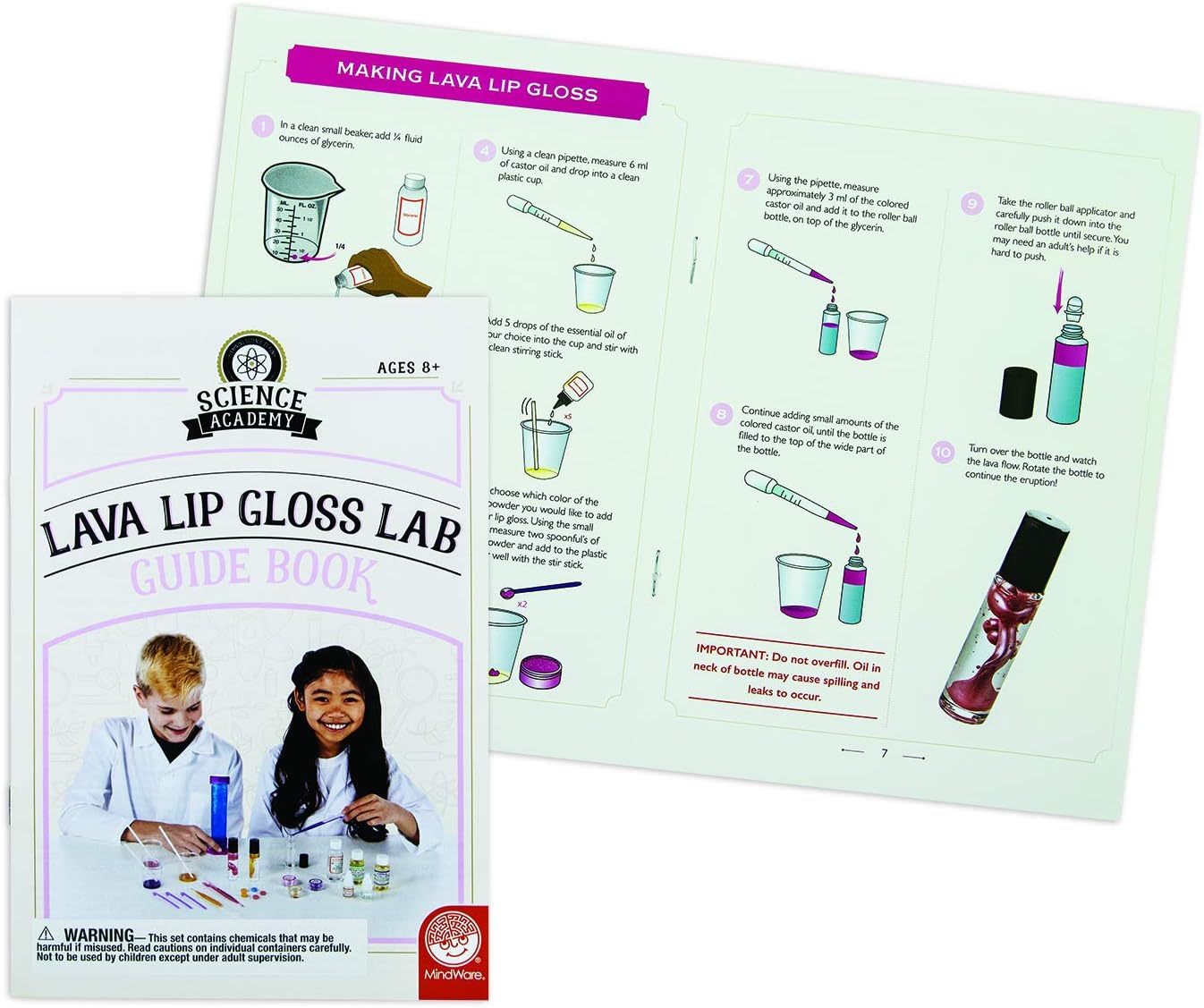 MindWare Science Academy Lava Lip Gloss Lab - 33 Piece Lip Gloss Making Kit - Make 3 DIY Lip Glosses