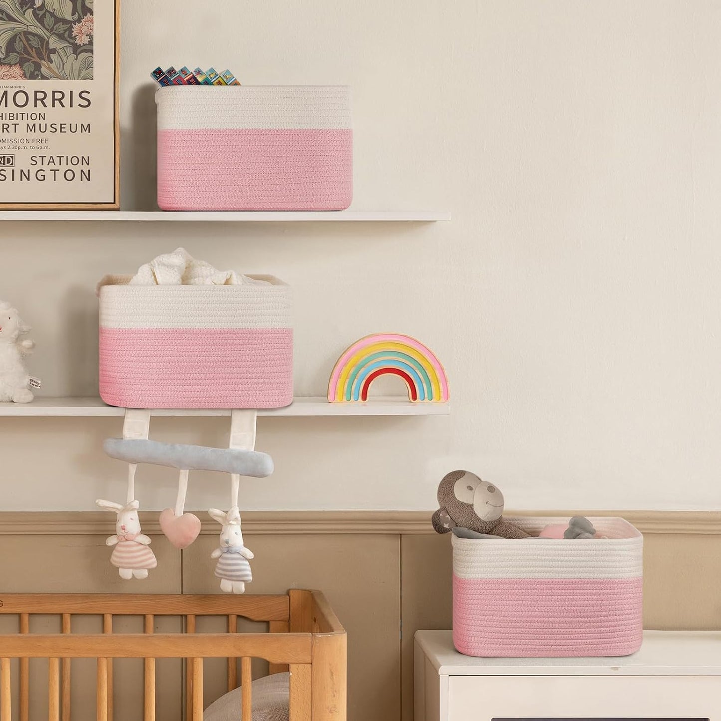 4 Pack Storage Baskets for Organizing, Woven Baskets for Shelves - Perfect for Toys, Books, Towels, and Clothes, Durable Gift Basket Bins Toy Storage, 12.7''Lx9''Wx7.8''H, Pink & White