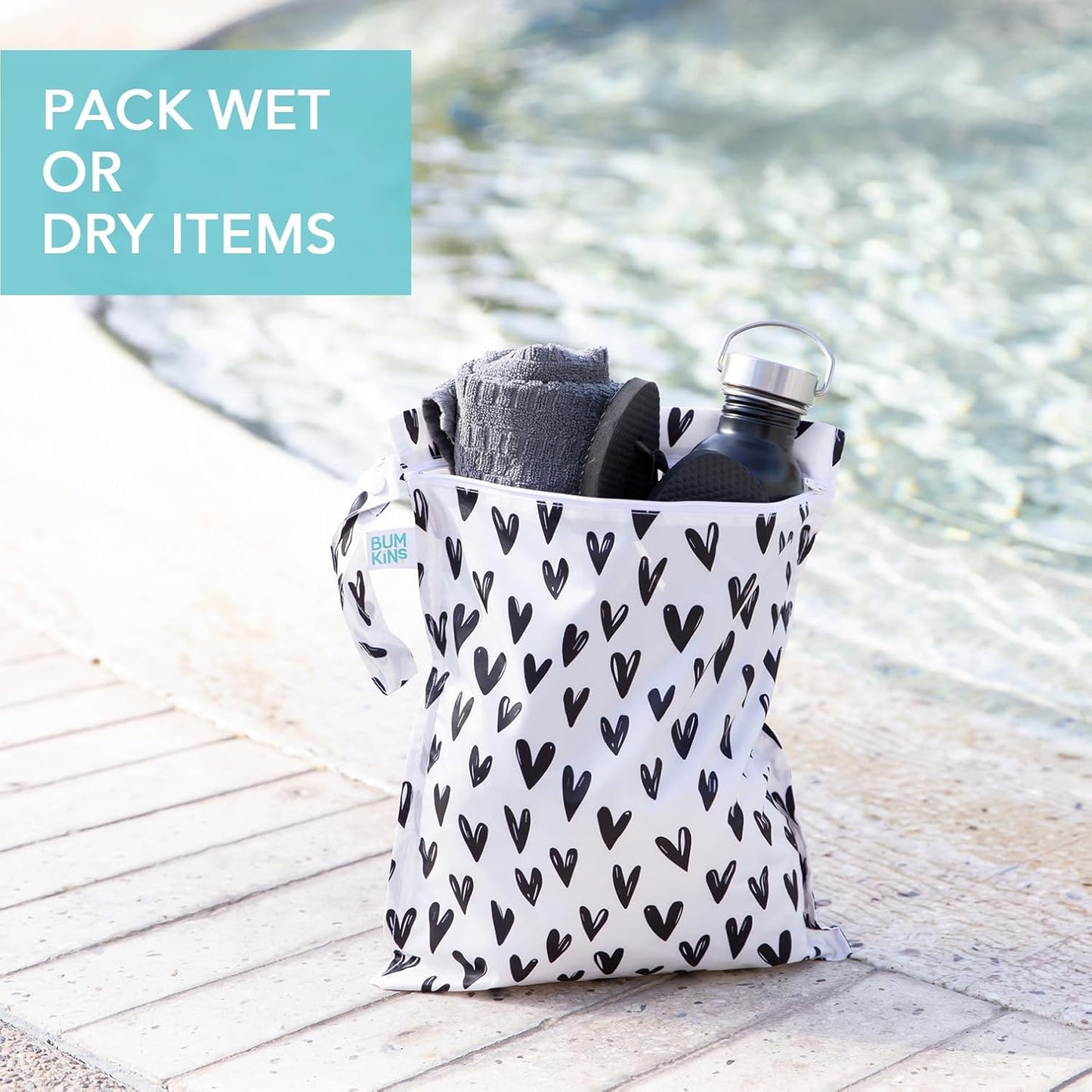 Bumkins - Waterproof Wet Bag - For Baby, Travel, Swim Suit, Cloth Diapers, Pump Parts, Pool, Gym, Toiletry, Strap to Stroller - Reusable & Easy to Clean - 2pk - Hearts & XOXO