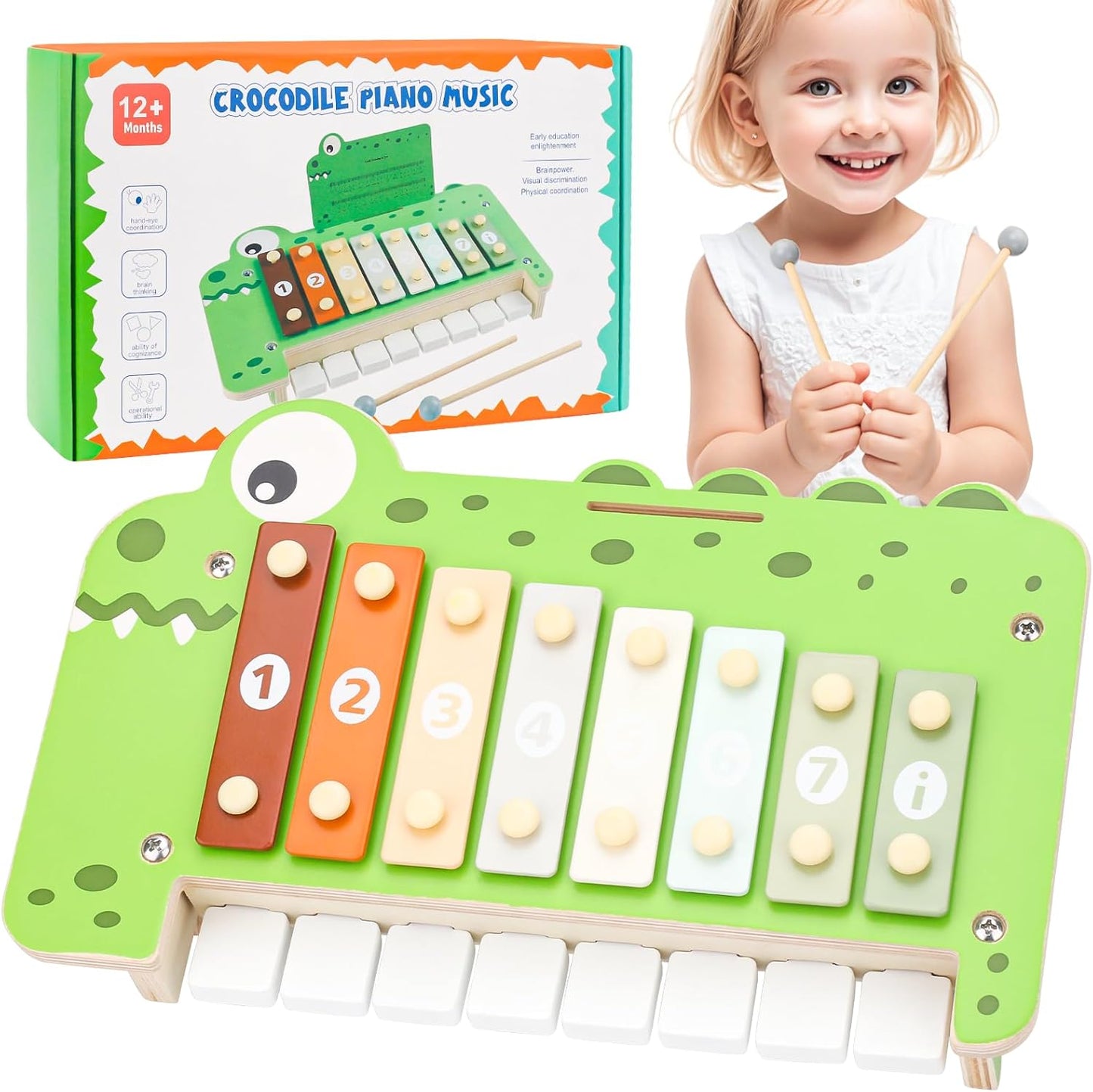 Baby Piano Xylophone Musical Toys - 2 in 1 Wooden Montessori Crocodile Toys for Toddler Kids, 8 Multicolored Key Keyboard Instruments, Preschool Educational Musical Learning Toy for Girls Boys