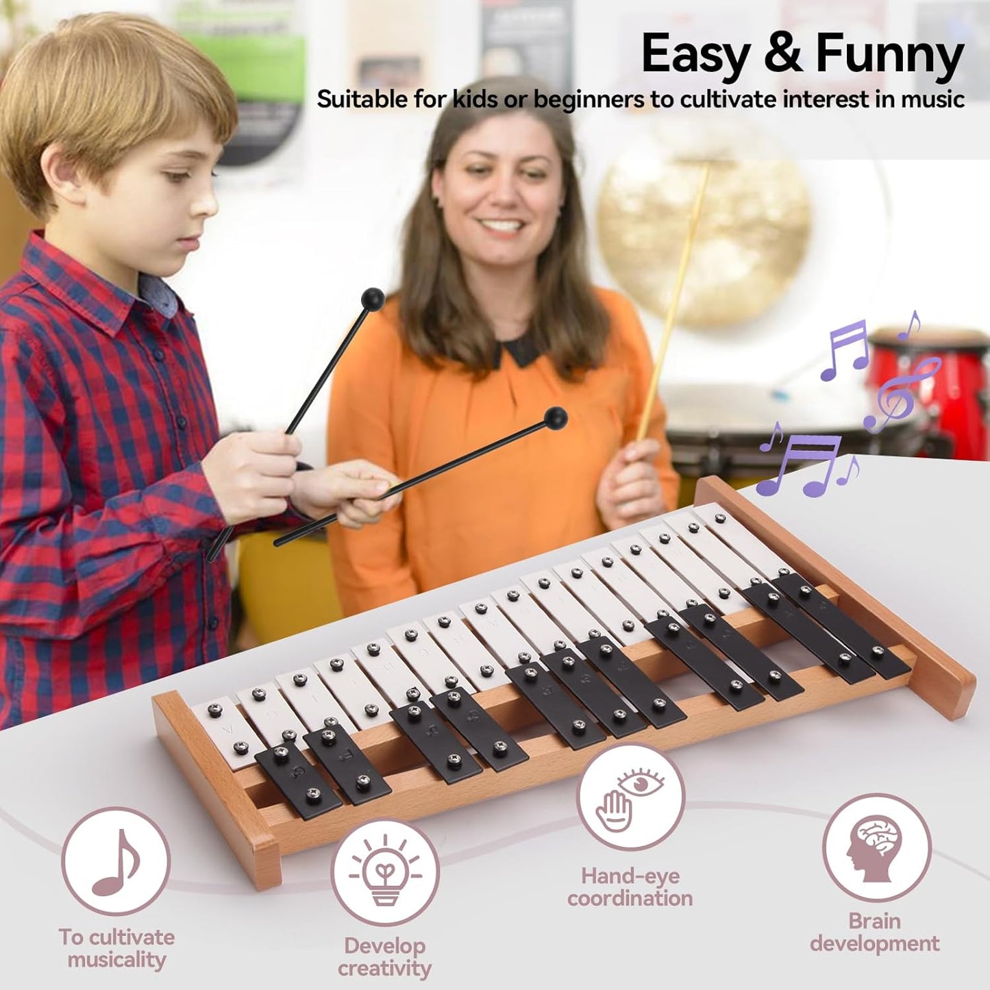 Heuyrao 27 Notes Glockenspiel Xylophone, Professional Wooden Glockenspiel Instrument, Xylophone Bell Kit for Adults and Kids- Includes 4 Mallets and Carrying Bag - Black & White