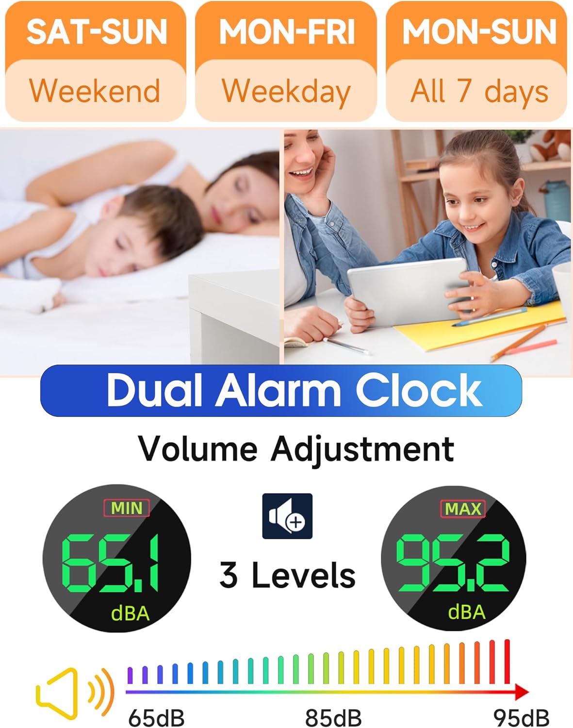 Cadmos Loud Alarm Clock for Heavy Sleepers Adults,Kids,Teens,Digital Desk Clock with USB Port,Large Numbers,7 Color Night Light,Modern Electronic Plug in Simple Clock for Bedroom(Blue+Dynamic)