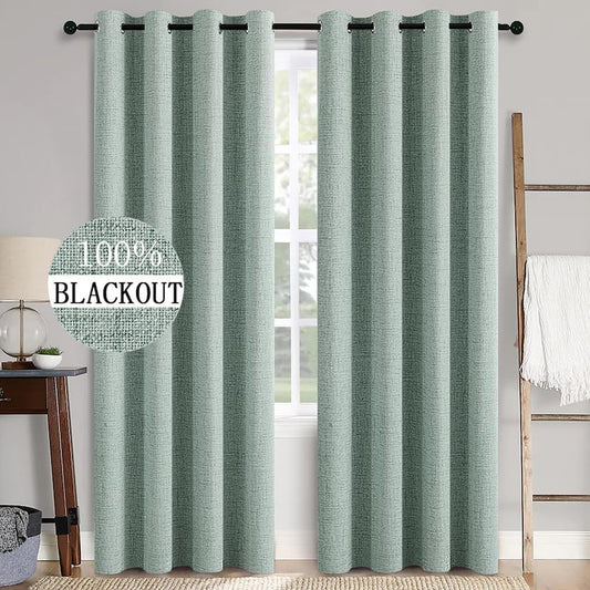 MIULEE Linen Texture 90 Inches Curtains for Bedroom 100% Blackout Thermal Insulated Seafoam Green Curtains Grommet Room Darkening Drapes for Living Room Nursery 52x90 Inch (2 Panels)