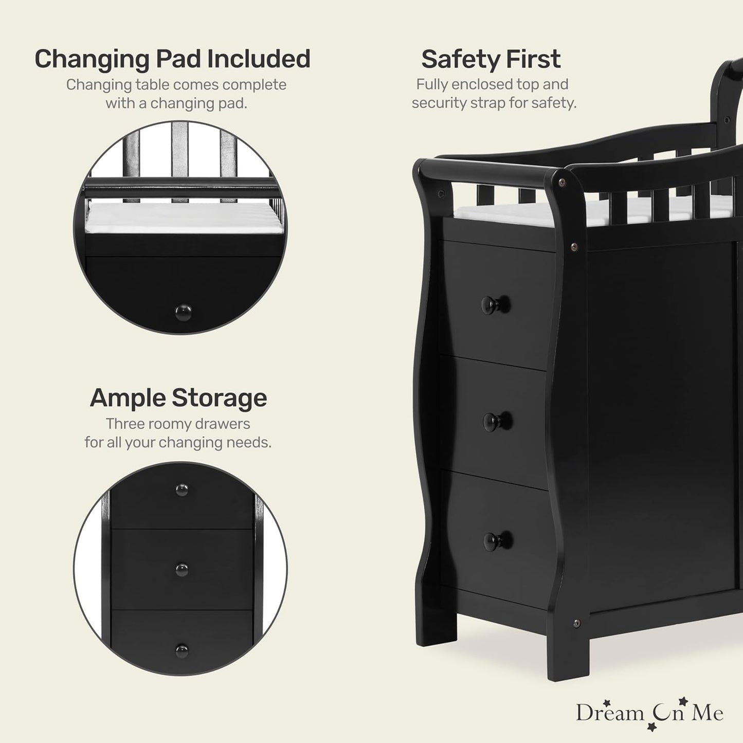 Dream On Me Casco 3-in-1 Mini Convertible Baby Crib & Changer with Storage in Black, Pinewood, GreenGuard Gold & JPMA, 1” Mattress Pad, 3 Mattress Heights, Converts to Mini Day & Twin-Size Bed