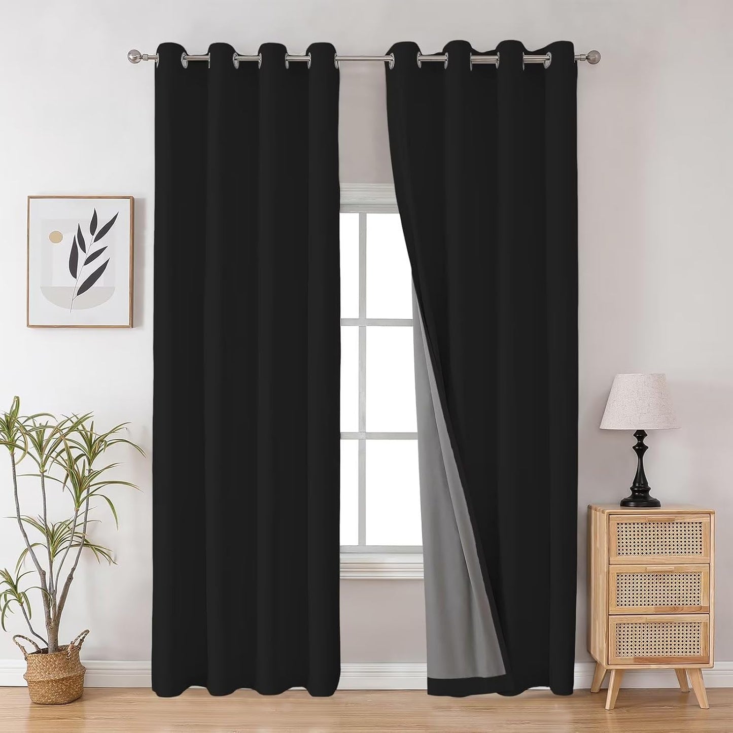 Joydeco Black Blackout Curtains 96 Inches Long for Living Room, Grommet Solid Black Curtains 96 Inches Long for Bedroom, Room Darkeing 96 Inch Black Out Curtains 2 Panels for Bedroom
