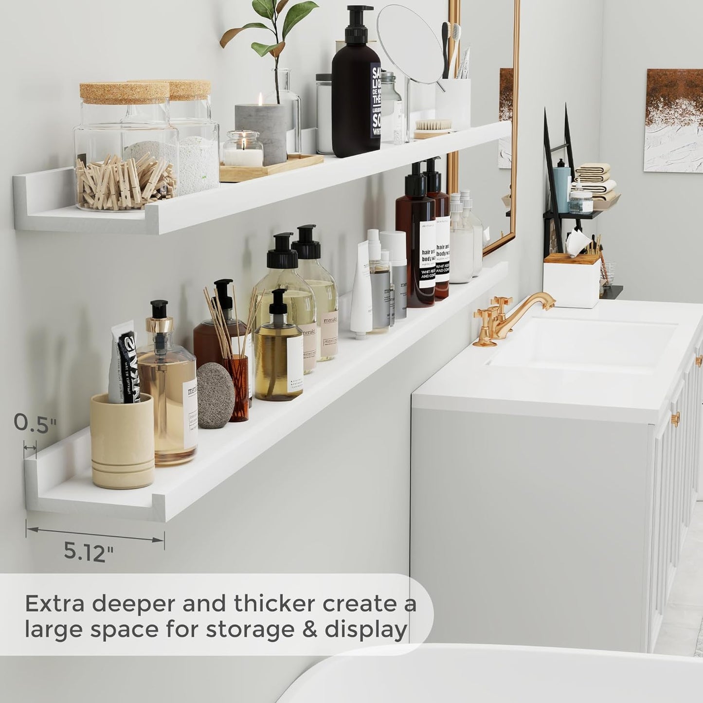 Fun Memories 72 Inch White Picture Shelves for Wall with Ledge, Natural Wood Floating Shelves with Lip, Set of 2, Farmhouse Rustic Wall Shelf Photo Shelf Nursery Bookshelf for Living Room, Kids Room