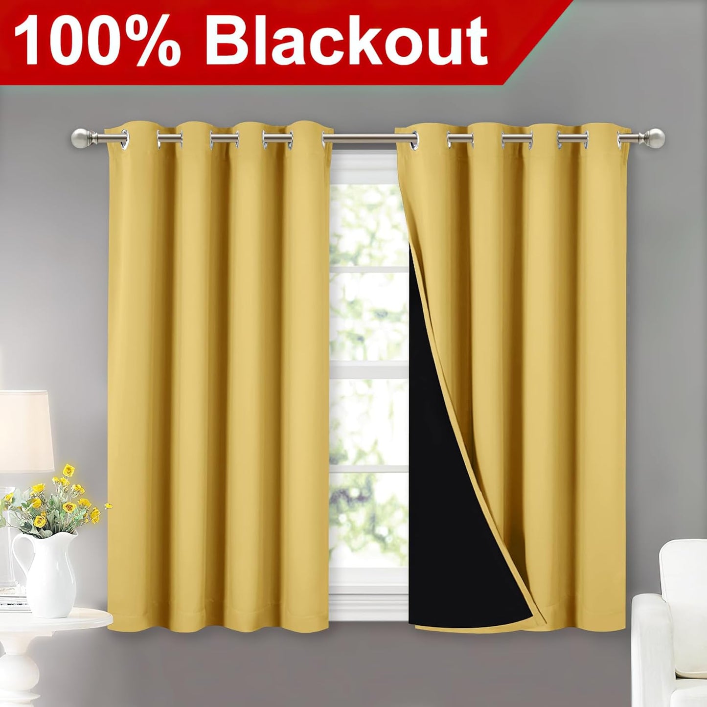 NICETOWN 100% Blackout Curtains with Black Liners, Thermal Insulated Full Blackout 2-Layer Lined Drapes, Energy Efficiency Window Drapes for Dining Room (Bright Yellow, 2 Panels, 52" W by 45" L)