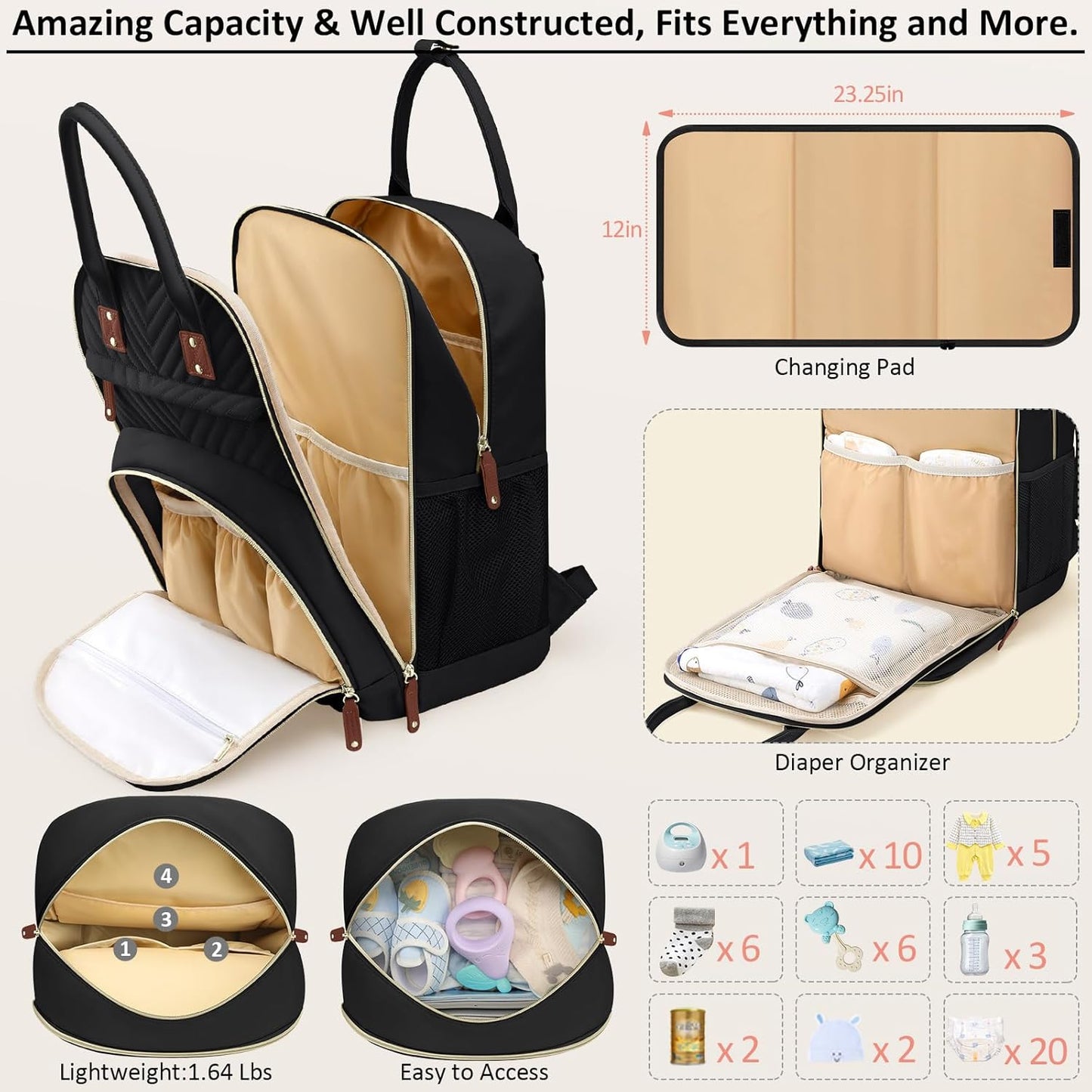 Diaper Bag Backpack for Women with Changing Pad, Baby Bag with Insulated Pockets Multifunctional Diaper Bags For Baby Girl Boy Waterproof Baby Bags For Boys Girls Maternity Bag Black