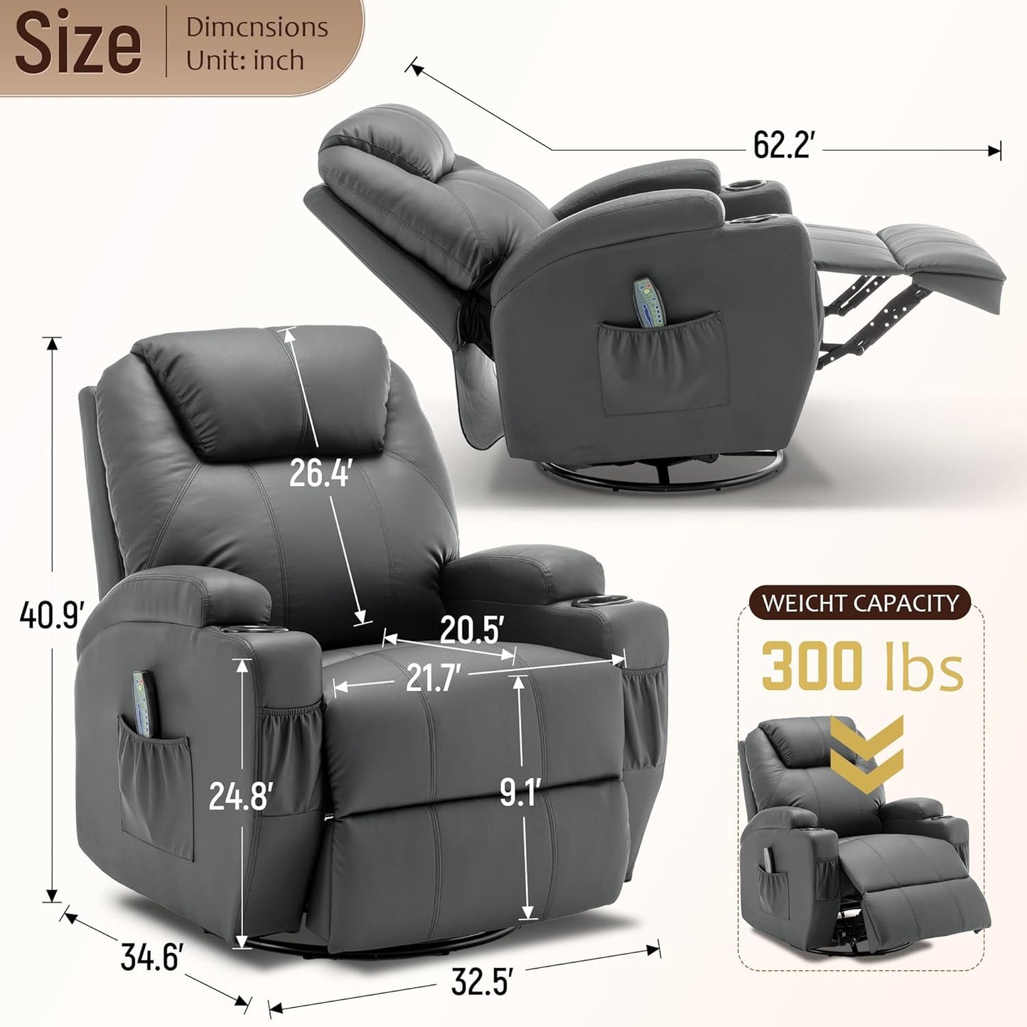 Recliner Chair, Rocking Chair with Massage and Heat, 360° Swivel Recliner Chairs for Adults, Rocker Manual Recliner with Remote Control and Cup Holder for Living Room, Bedroom, Nursery