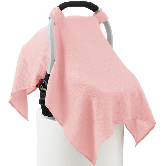 100% Muslin Cotton Car Seat Cover Baby, Carseat Canopy Cover, Universal Fit Stroller Covers for Boys and Girls (Pink)