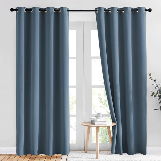 NICETOWN Smoky Blue Blackout Curtains for Living Room 84 inches Long - Grommet Room Darkening Window Treatments Sound Reducing Drapes for Bedroom, 2 Panels, W52 x L84