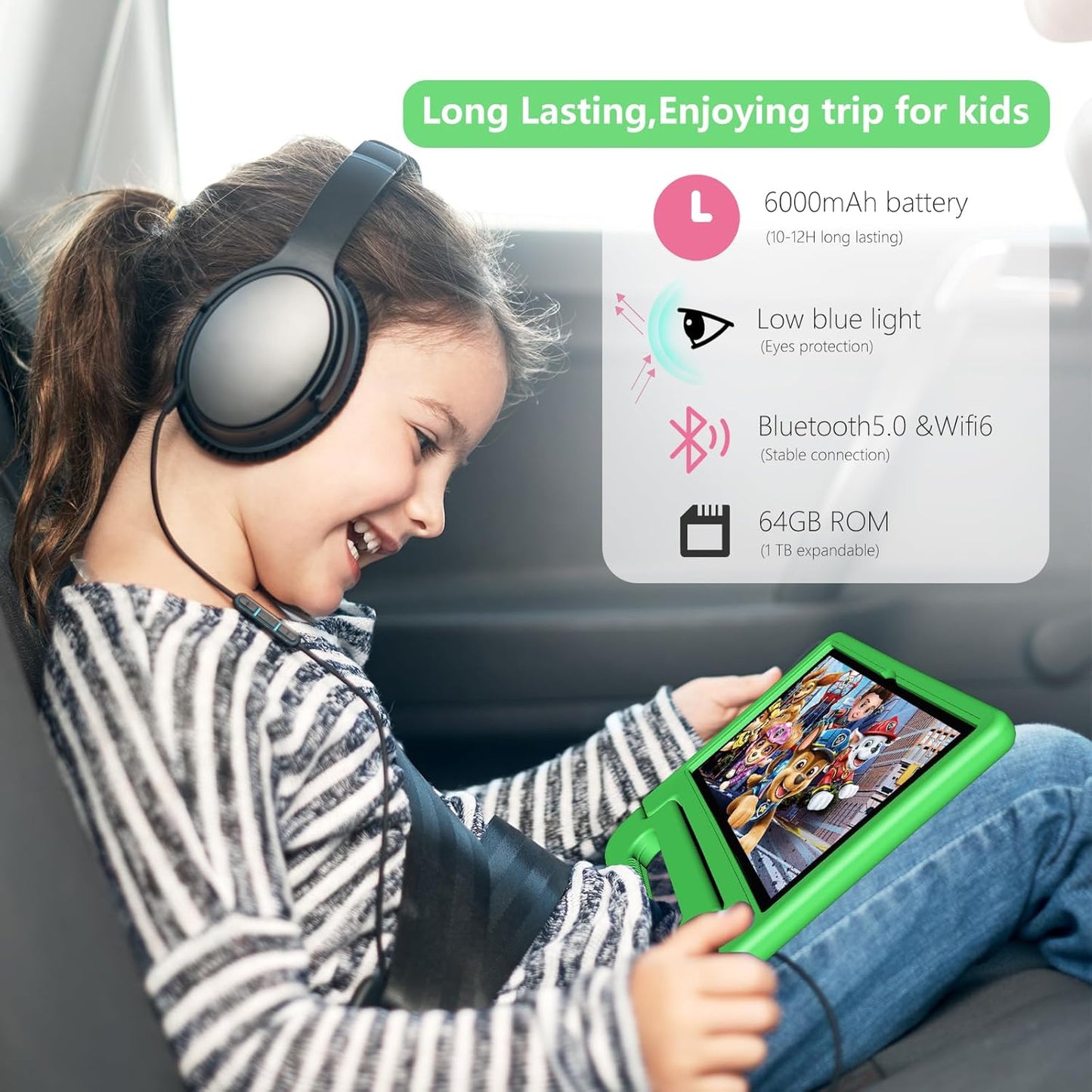 Tablet for Kids Age 3-12 10.1 inch Android 14 6000mAh 8GB RAM+64GB ROM Expandable to 1TB Kids Tablets WiFi6 Google Kids Space Parental Control 1280 * 800 HD Screen - Green
