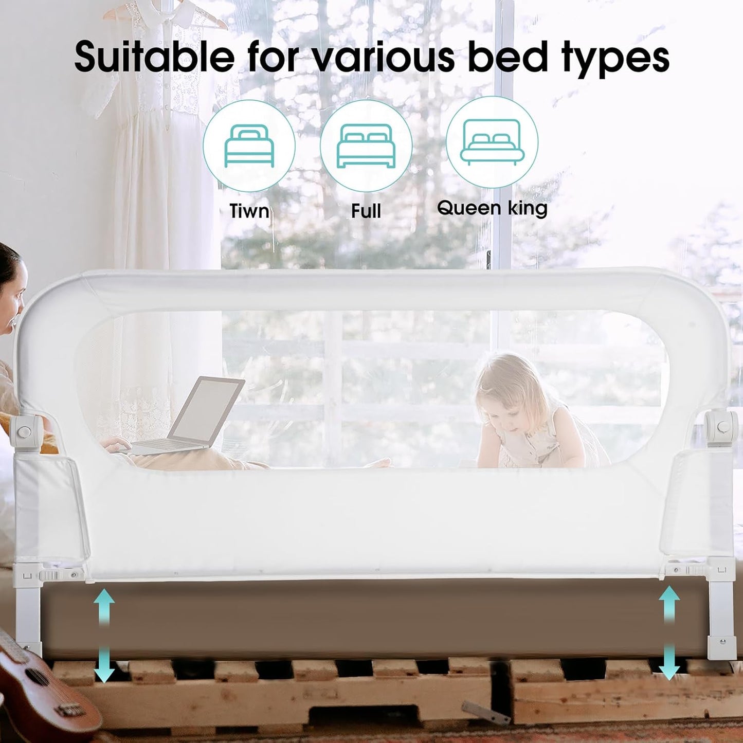 Baby Bed Rail Guard for Toddlers -59" Toddler Bed Rails for Twin, Full, Queen, King Bunk Size Bed Swing Down Bedrail Extral Tall Child Safety Side Railing Guards for Kids White