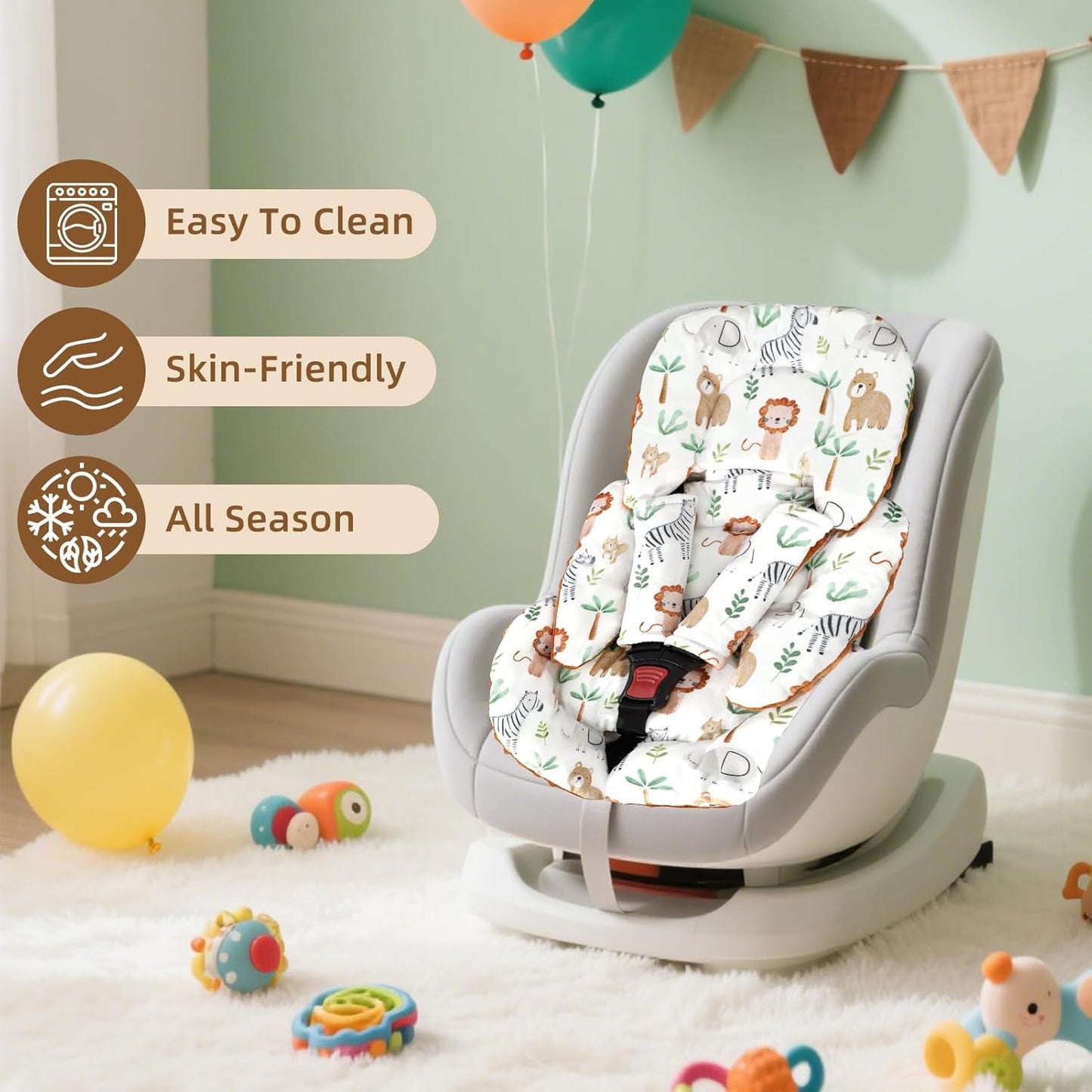 Infant Car Seat Insert Cushion, Baby Car Seat Head Body Support for Girls & Boys, Reversible Newborn Car Seat Insert with 2 Extra Strap Paddings, Premature Car Seat Cushion, Animal