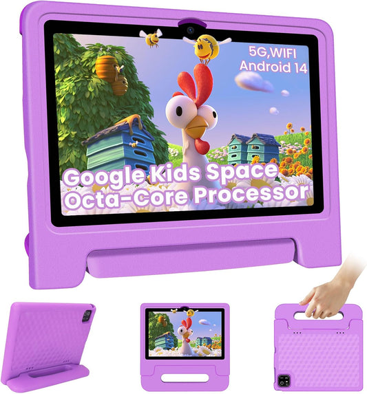 Kids Tablet 10.1 inch Android 14 Octa-Core 64GB 6000mAh Kids Space Parental Control 1280 * 800 HD Touchscreen Shockproof Case Dual Camera Gift for Toddler Children (Purple)