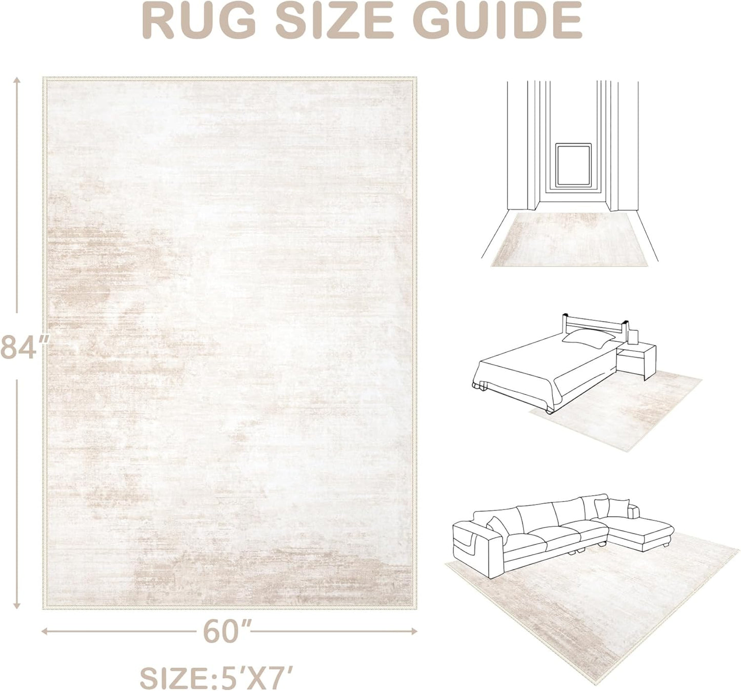 Area Rugs 5x7 Living Room: Washable Rug Modern Abstract Large Rug Soft Non Slip Neutral Rug Stain Resistant Indoor Carpet for Bedroom Kitchen Dining Room Table Nursery Home Office Rugs(Beige,5'x7')