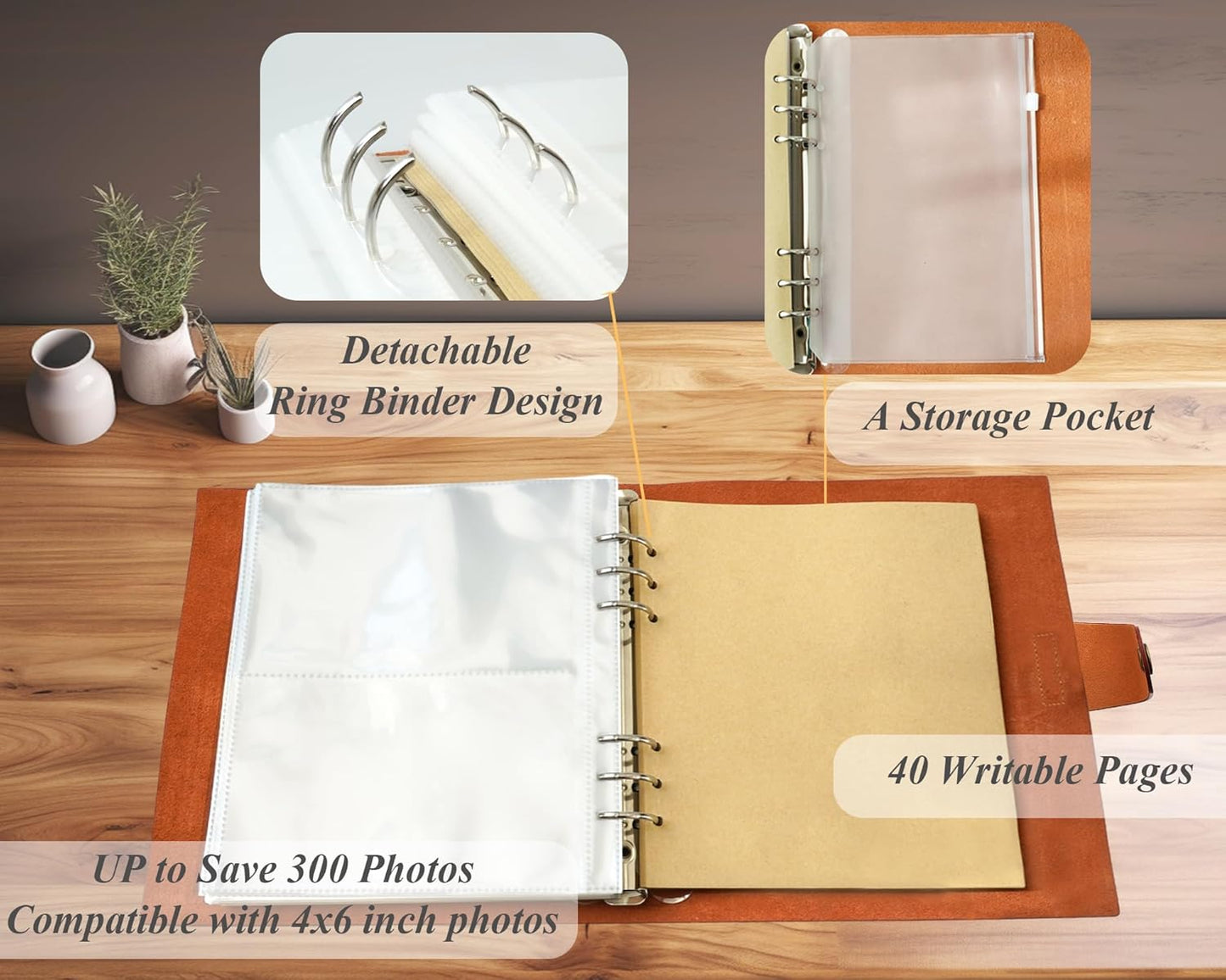 Genuine Leather Photo Album, 4x6 for 300 Photos, with Writing Space of 40 Writing Paper, Binder Pocket, Travel Family Wedding Kids Graduation Baby Picture Album Scrapbook, Wine Brown