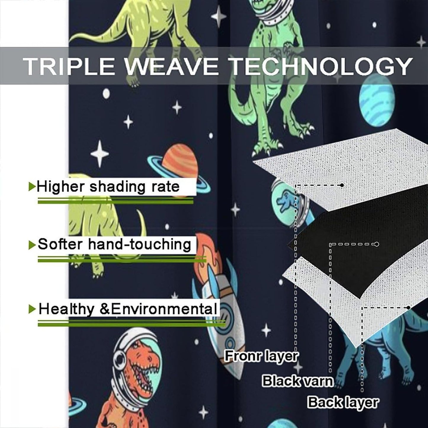 Cartoon Dinosaur Curtains for Kids Boys Girls Home Decor, Astronaut Rocket Funny Outer Space Blackout Rod Pocket Window Drapes for Bedroom Living Room W21xL63in 2 Panels