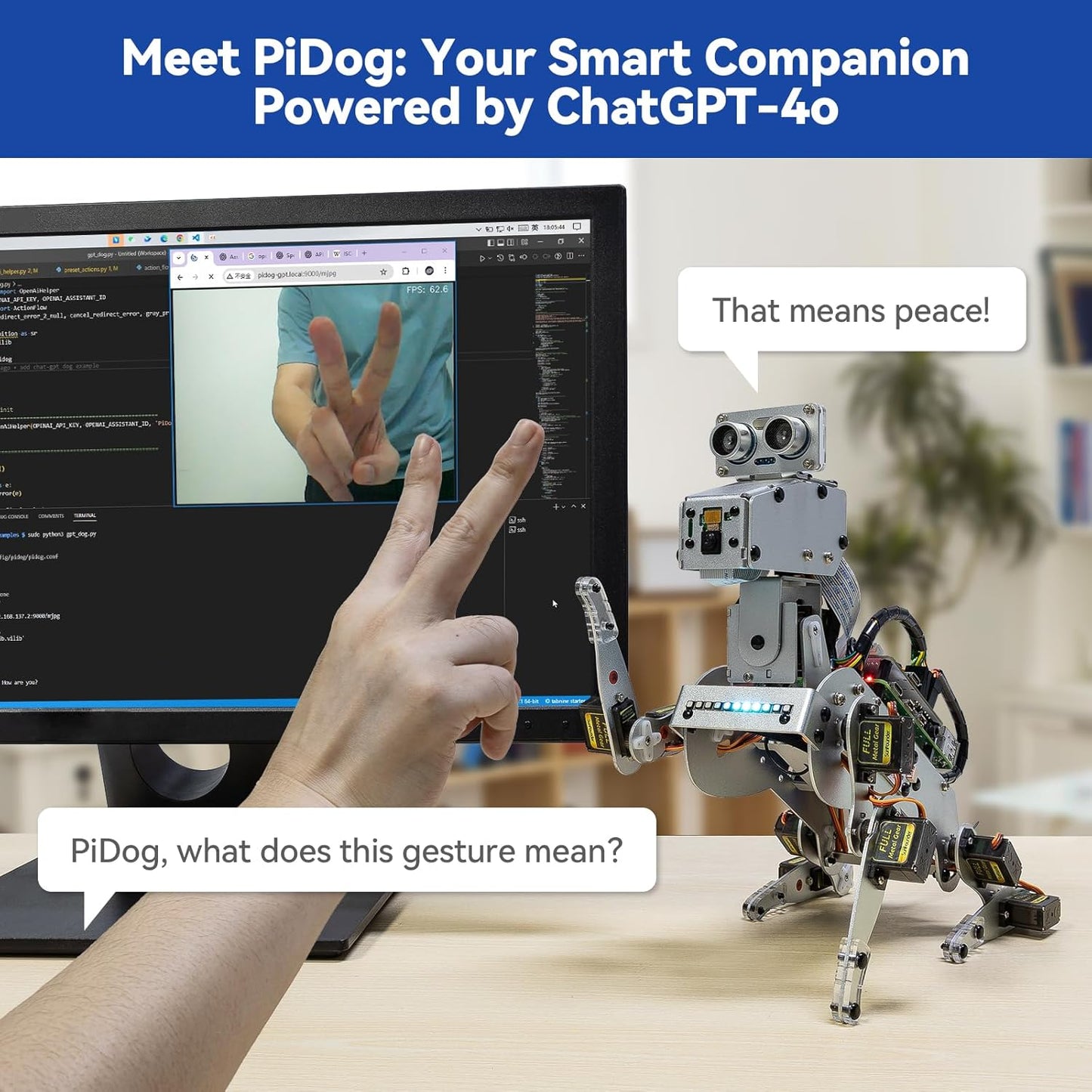 SunFounder PiDog AI Robot Dog Kit for Raspberry Pi 5/4/3B+/3B/Zero 2W, ChatGPT-4o Enabled with Voice Command & Video Recognition, App Control, FPV, 12 Servos, Gyroscope, Camera, Mic (RPI NOT Included)