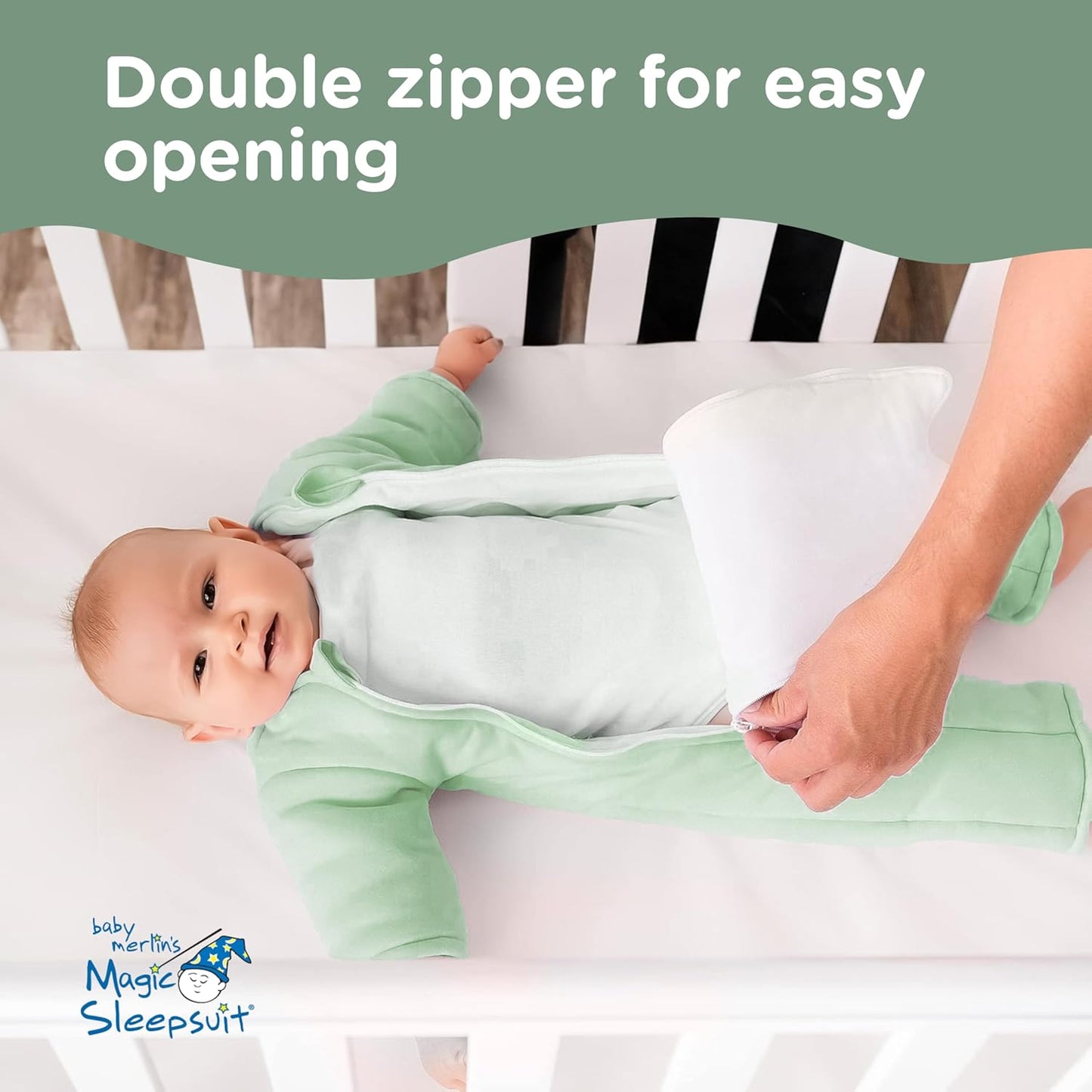 Magic Sleepsuit Baby Merlin's Cotton Baby Swaddle Transition Product - Soft and Cozy Design, Double Zipper for Easy Diaper Changes, Promotes Safe Sleep, 3-6 Months - Sage Green - Small 12-18lbs