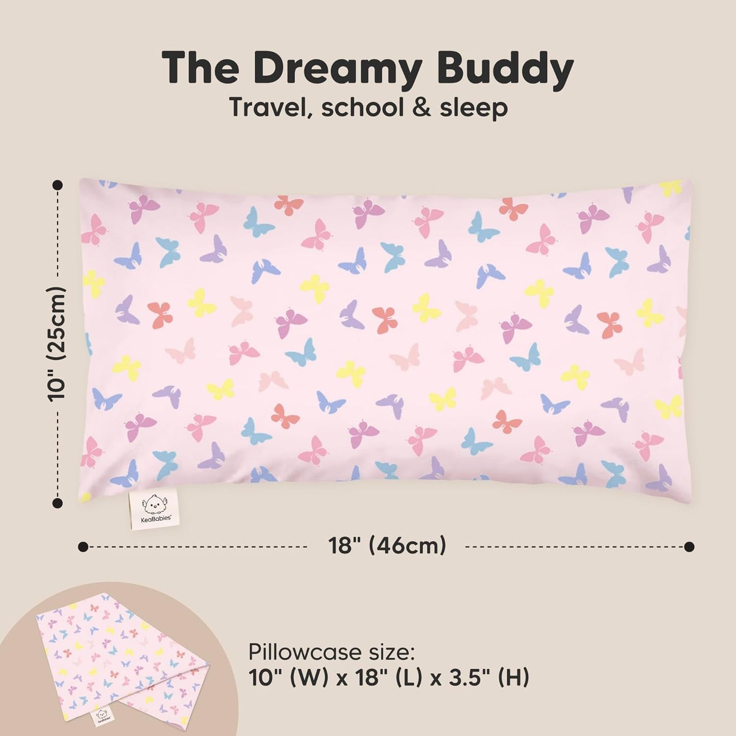 Toddler Pillow with Pillowcase - 10x18 My Little Dreamy Kids Travel Bed Pillows for Sleeping, Organic Cotton Small Pillowcase, Soft & Breathable, Machine Washable, Toddlers 2-5 Years Old (Flutter)