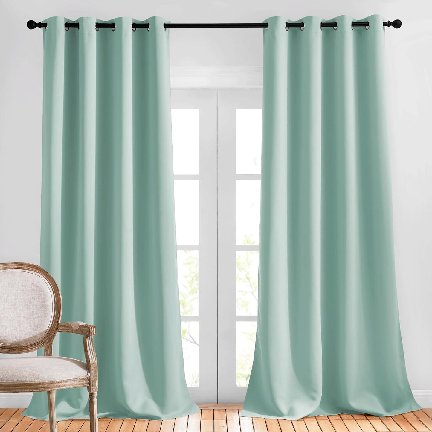 NICETOWN Seafoam Green Blackout Curtains 90 inches Long, Grommet Thermal Insulated Blackout Window Treatments Sound Reducing for Bedroom/Living Room, 2 Panels, W52 x L90