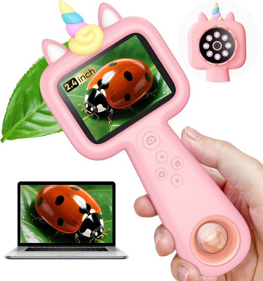 600X Portable Kids Microscope 2.4" Mini Handheld Digital Microscope for Kids - STEM Educational Science Kit Toys for Christmas Birthday Gifts Toys for 3 4 5 6 7 8 9 10 11 12 13 Year Old Girls