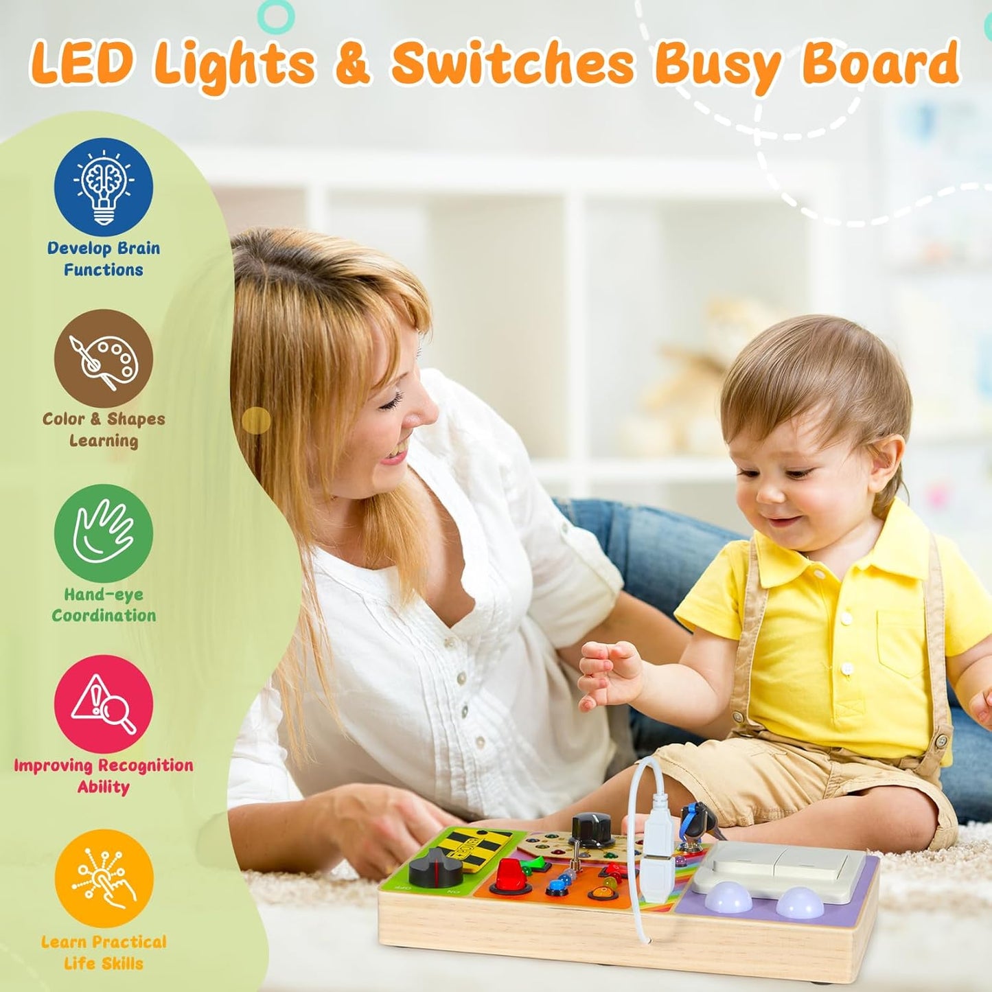 Busy Board Montessori Toys Wooden Sensory Board with 19 LED Light, Switch, Button Travel Activity Educational Learning Toddler Toys for 1-3 Year Old Boy and Girl