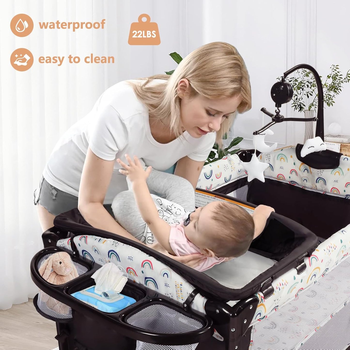 Kinder King 4 in 1 Portable Nursery Center, Foldable Baby Bedside Crib w/Bassinet, Infant Pack n Play Playard Toddler Large Playpen, Newborn Changing Table, Storage Basket, Side Zipper,Multicolour