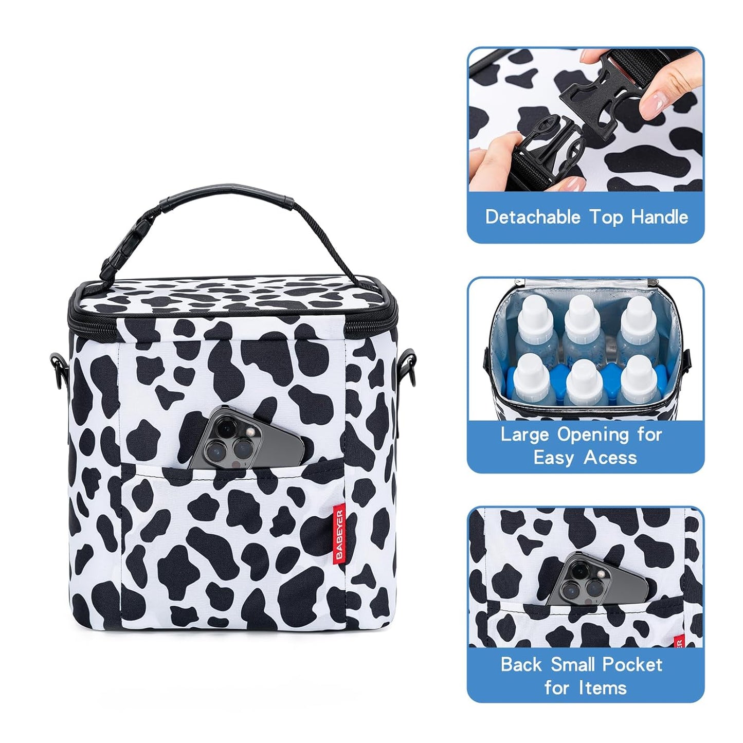 Breastmilk Cooler Bag with Ice Pack Fits 6 Baby Bottles Up to 9 Ounce, Baby Bottle Bag with Shoulder Strap for Nursing Mom Daycare, Cow