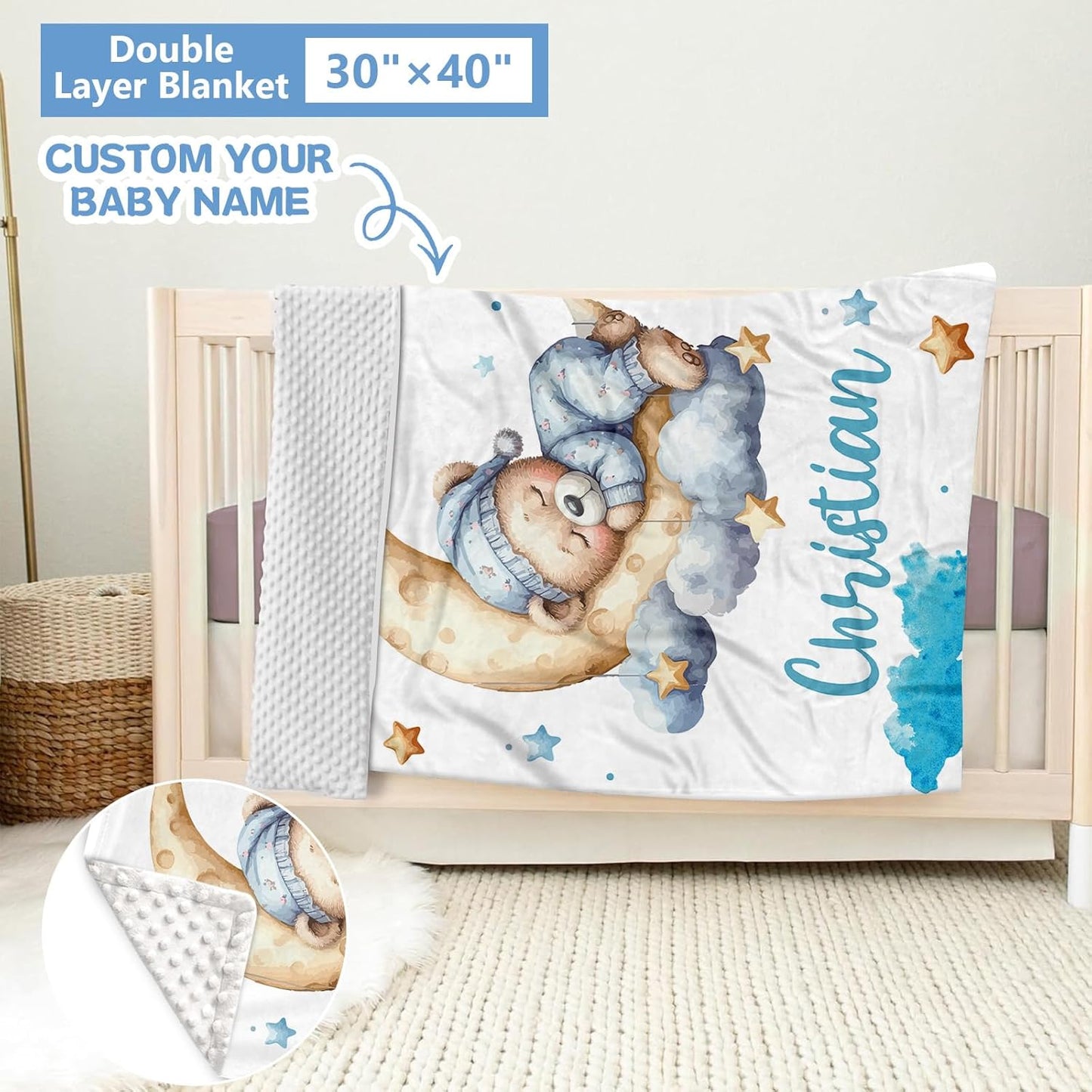 Personalized Crib Set, 5 Pcs Custom Baby Crib Set with Name, Blue Moon Bear Baby Bedding Set for Boys Girls, Double Layer Nursery Bedding Set, Toddlers Infants New Parents Gift