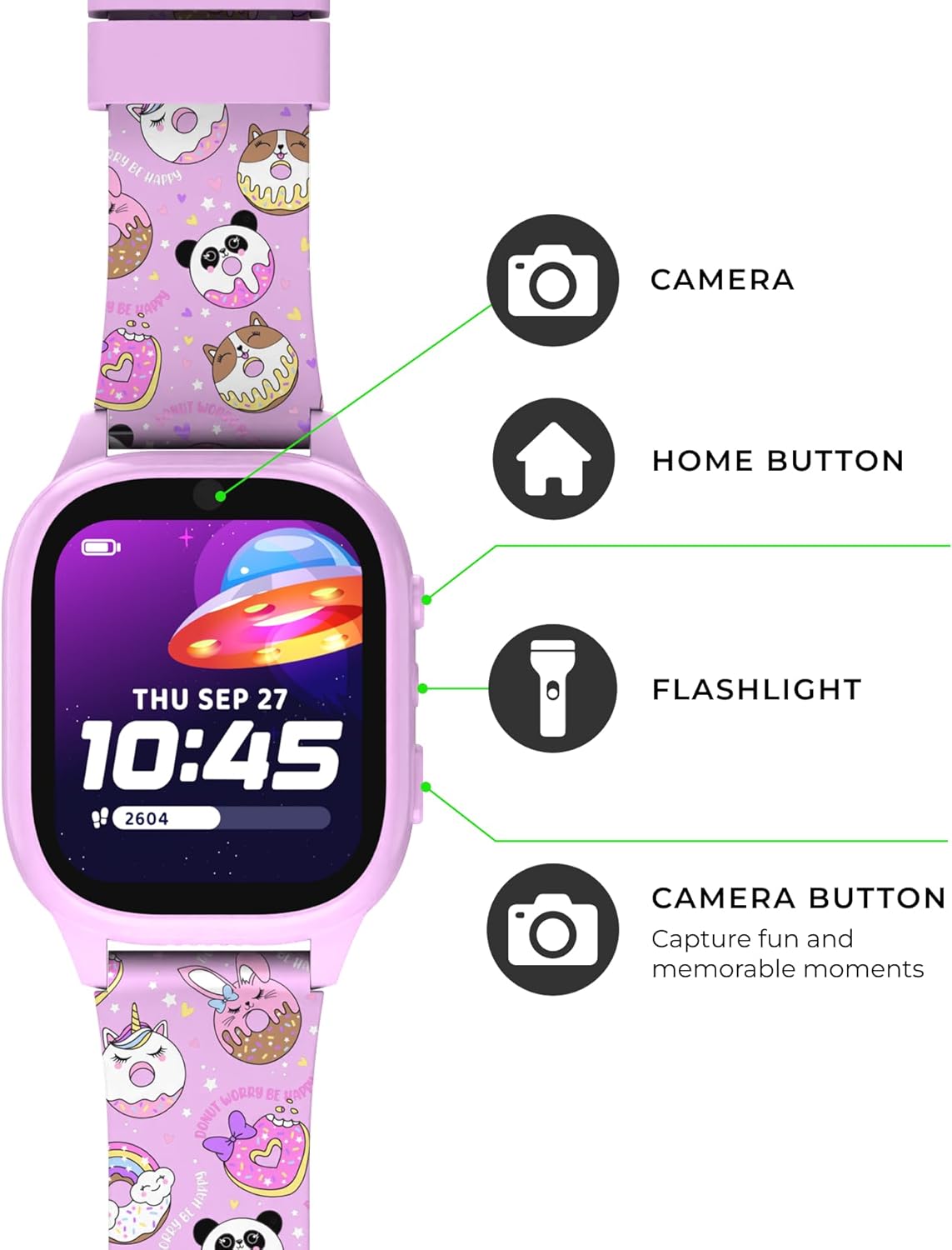 PlayZoom 4 Kids Smartwatch, Educational Tech Toy – 25+ Games, Selfie Camera, Audiobooks, Step Tracker, Water‑Resistant, Parental Controls, Long Battery, Ages 4‑12, Pink Donuts