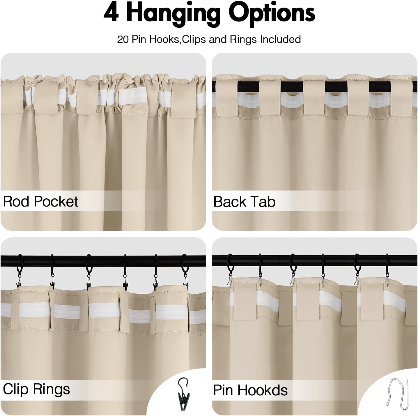 ANRODUO Back Tab Blackout Curtains for Bedroom Living Room, Rod Pocket Pinch Pleated Thermal Insulated Room Darkening Curtains 102 Inches Long 2 Panels, Cream Beige, 52 x 102 Inch