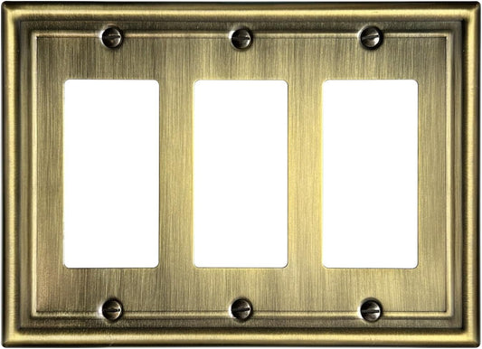 1 Pack Triple Decorator Wall Plates, Metal Electrical Outlet Covers for Receptacles, Dimmer Switches, GFCI Outlets, Antique Brass, 6.77''*4.88'', Midisze, 3 Gang