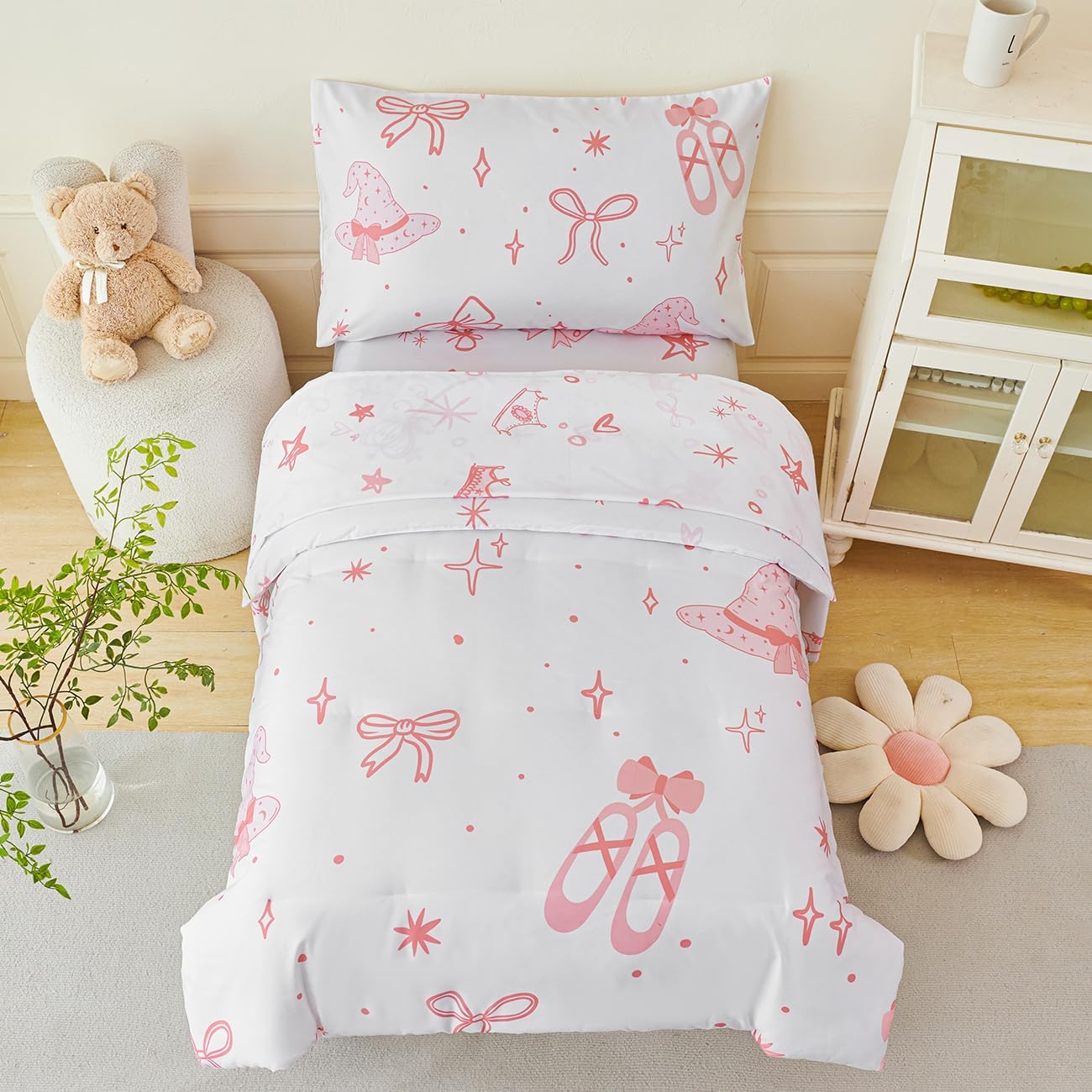 PERFEMET 4 Pieces Bow Comforter for Toddler Girls Reversible Bowknot Pink Toddler Bedding Set Ultra Soft Lightweight Princess Crib Bed Set with Sheets